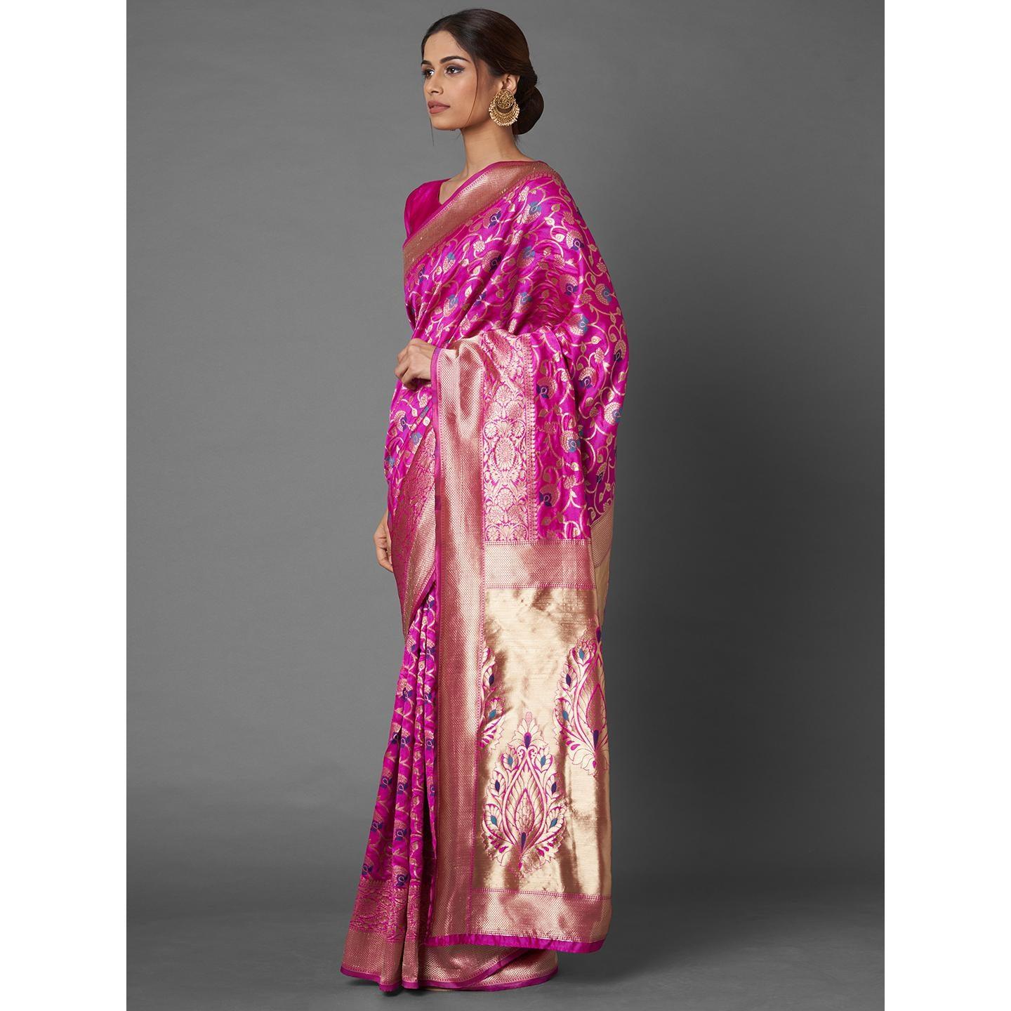 Saree Mall Pink Festive Wear Silk Blend Floral Designer Banarasi Saree With Unstitched Blouse - Peachmode