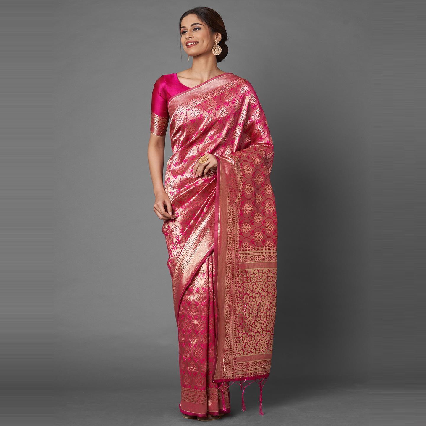 Saree Mall Pink Festive Wear Silk Blend Woven Floral Designer Saree With Unstitched Blouse - Peachmode