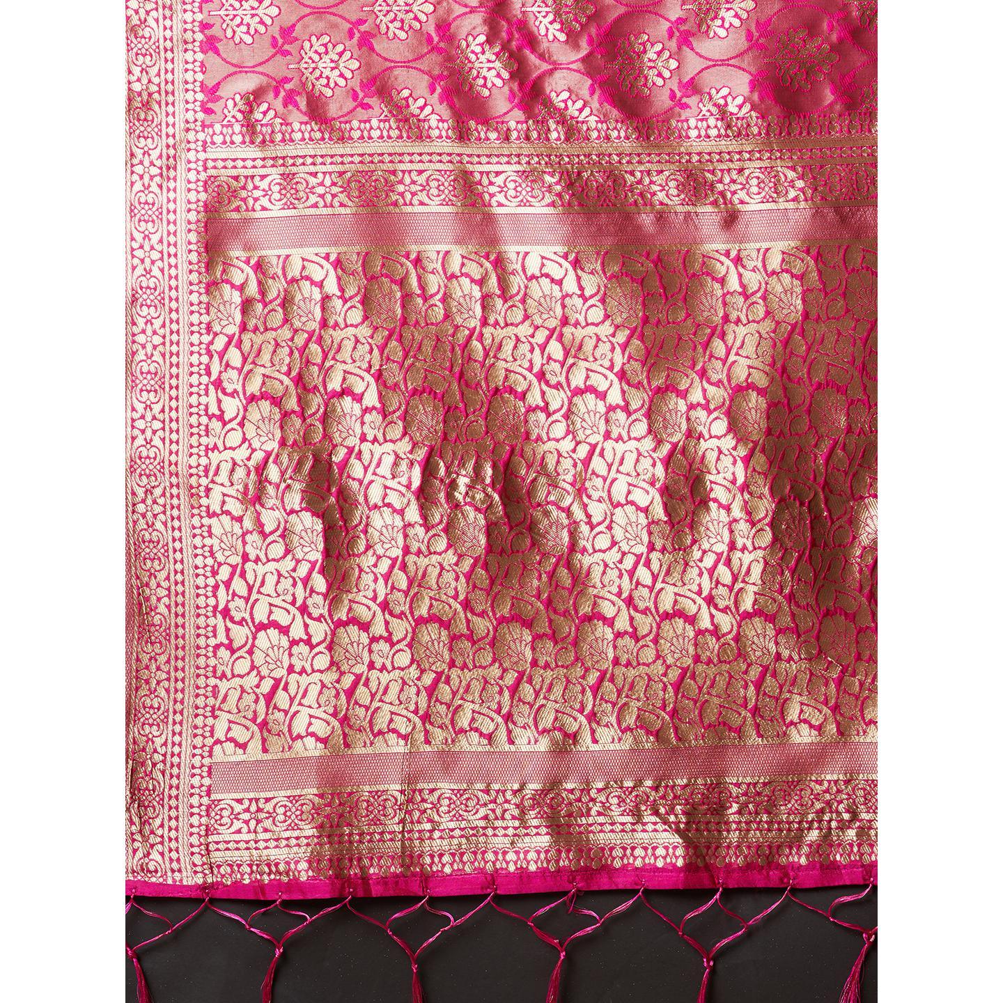 Saree Mall Pink Festive Wear Silk Blend Woven Floral Designer Saree With Unstitched Blouse - Peachmode