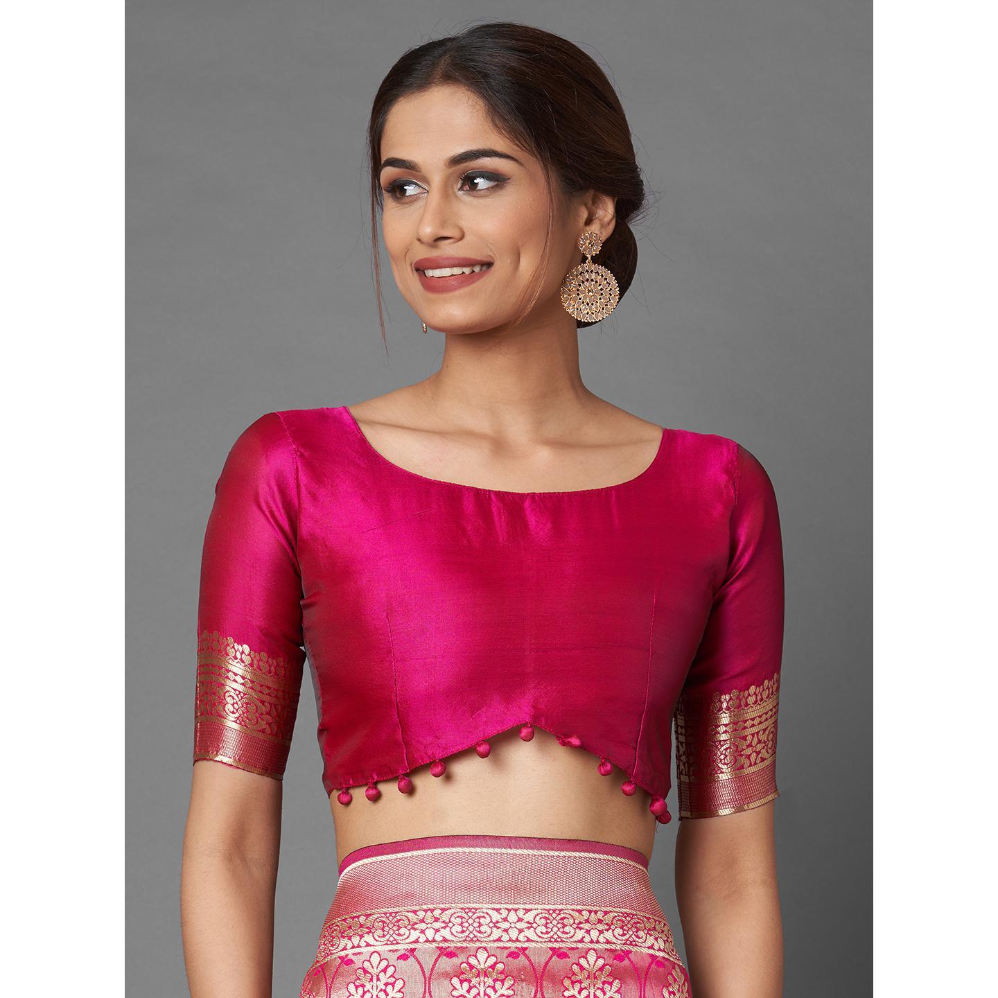 Saree Mall Pink Festive Wear Silk Blend Woven Floral Designer Saree With Unstitched Blouse - Peachmode