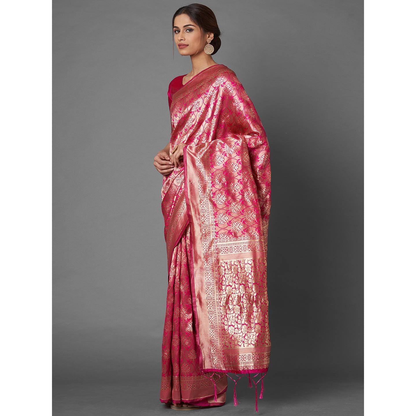 Saree Mall Pink Festive Wear Silk Blend Woven Floral Designer Saree With Unstitched Blouse - Peachmode