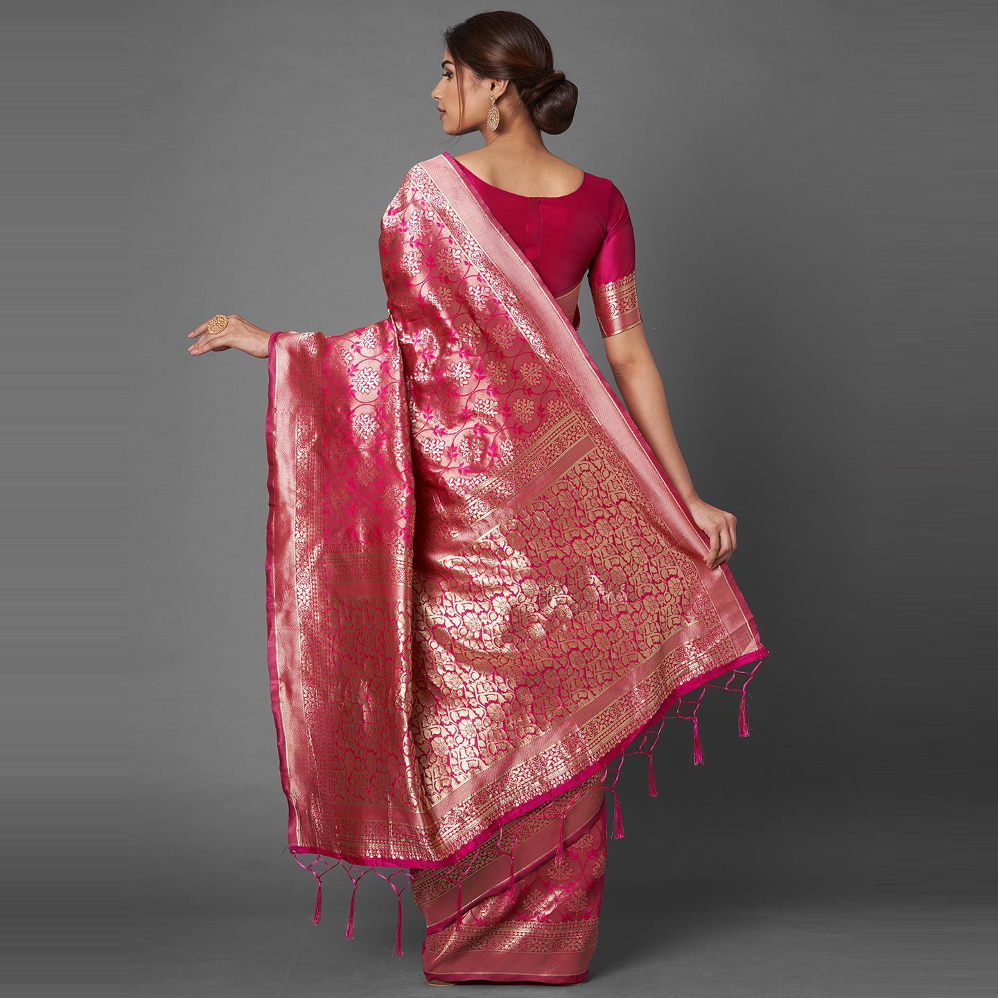 Saree Mall Pink Festive Wear Silk Blend Woven Floral Designer Saree With Unstitched Blouse - Peachmode