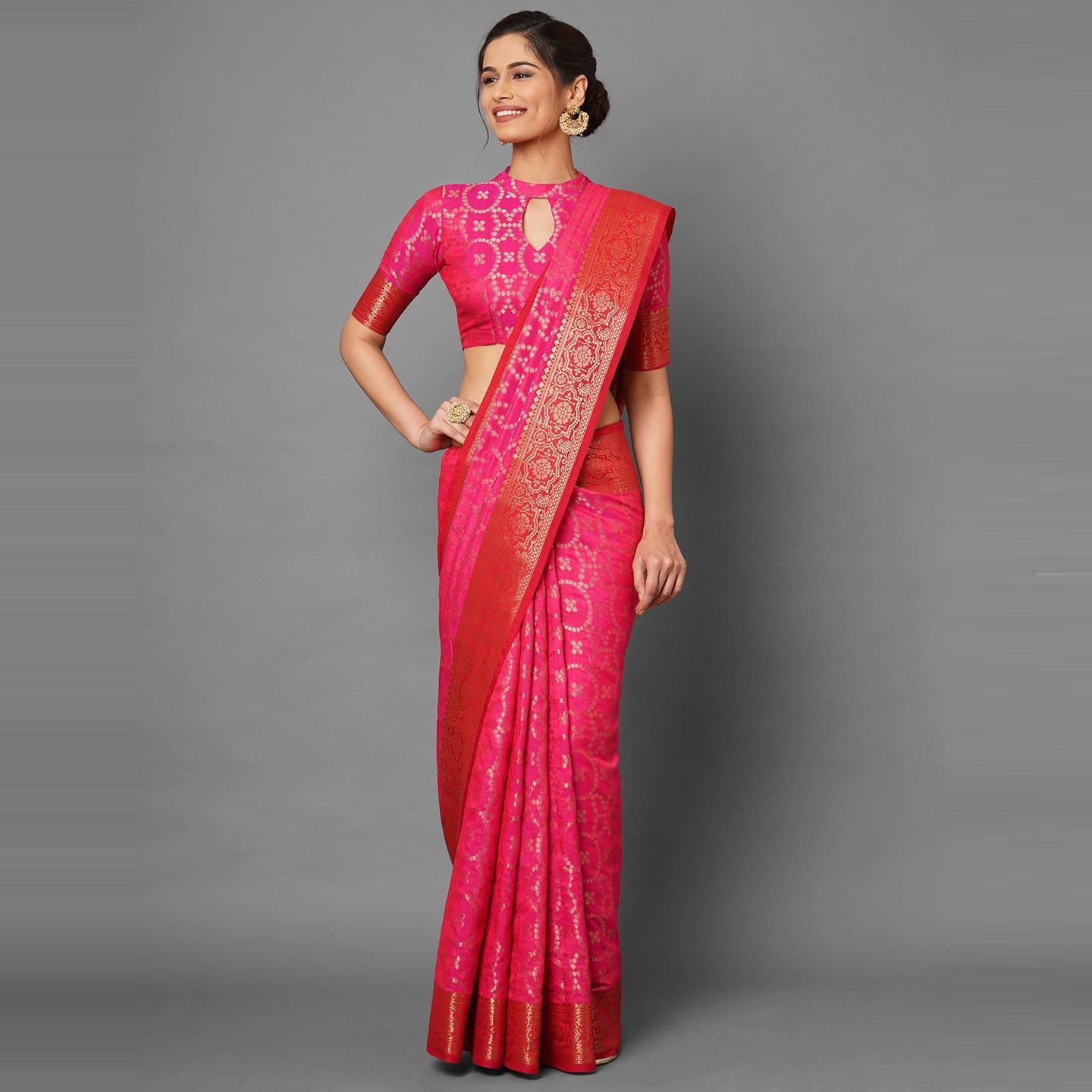 Saree Mall Pink Wedding Wear Silk Blend Woven Banarasi Designer Saree With Unstitched Blouse - Peachmode