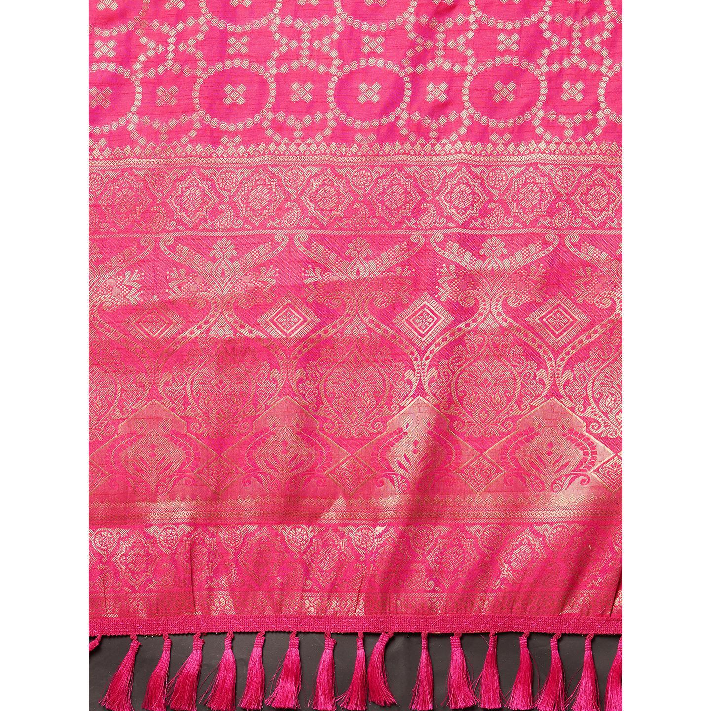 Saree Mall Pink Wedding Wear Silk Blend Woven Banarasi Designer Saree With Unstitched Blouse - Peachmode