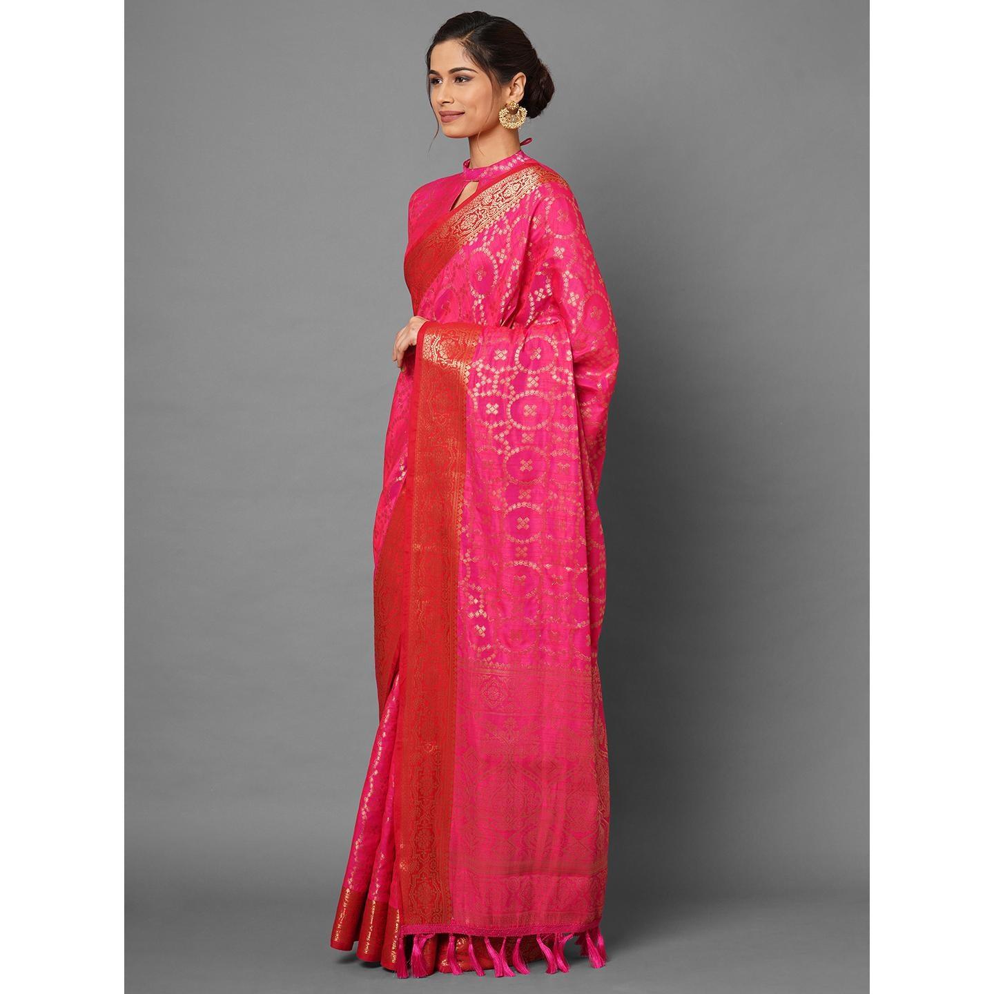 Saree Mall Pink Wedding Wear Silk Blend Woven Banarasi Designer Saree With Unstitched Blouse - Peachmode