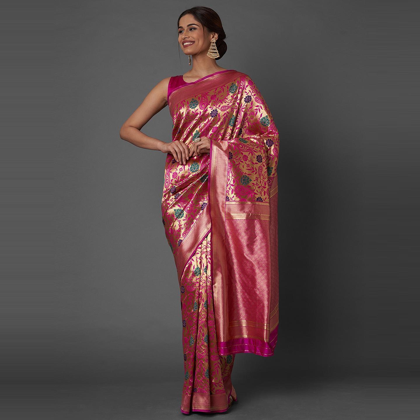Saree Mall Pink Wedding Wear Silk Blend Woven Paisley Designer Saree With Unstitched Blouse - Peachmode