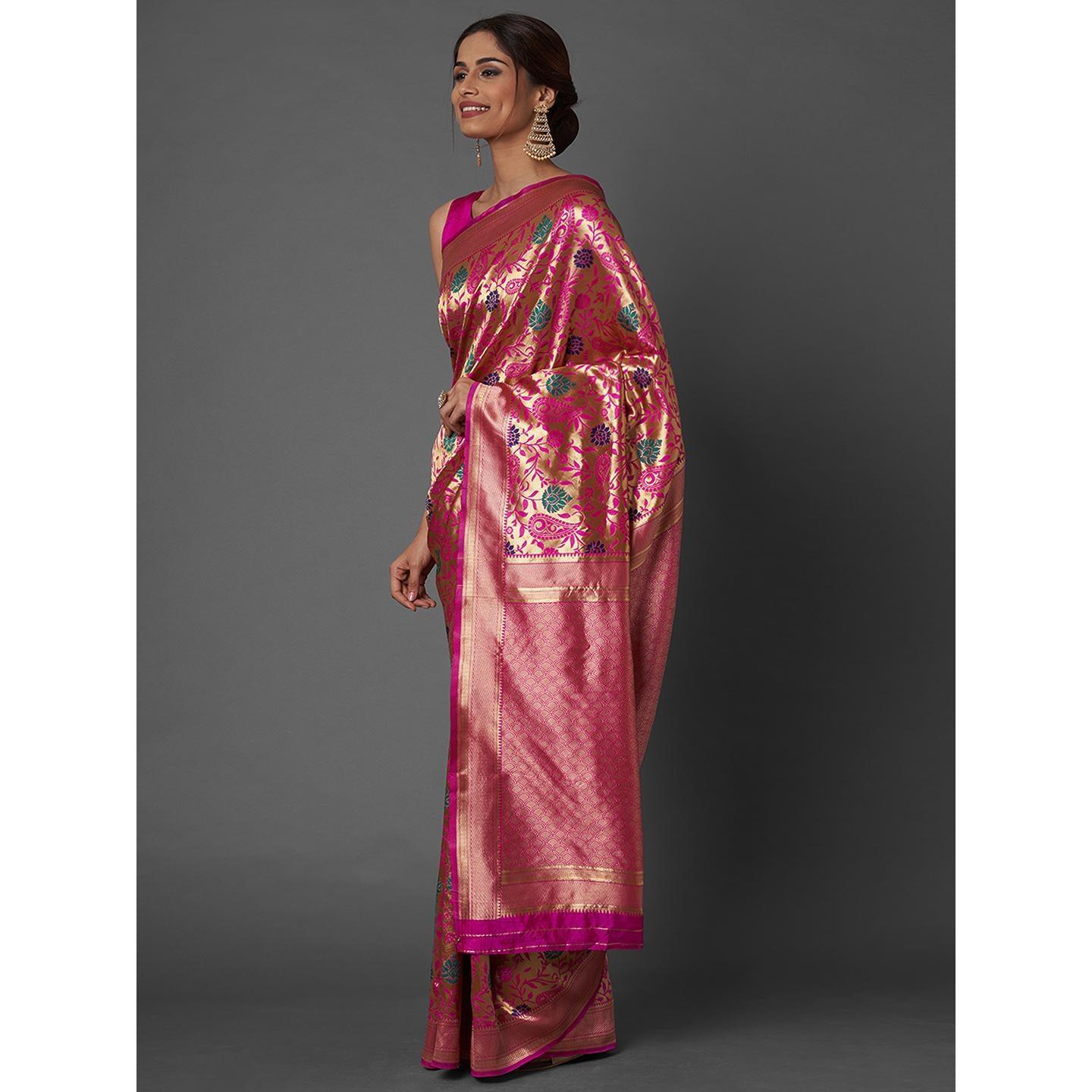 Saree Mall Pink Wedding Wear Silk Blend Woven Paisley Designer Saree With Unstitched Blouse - Peachmode