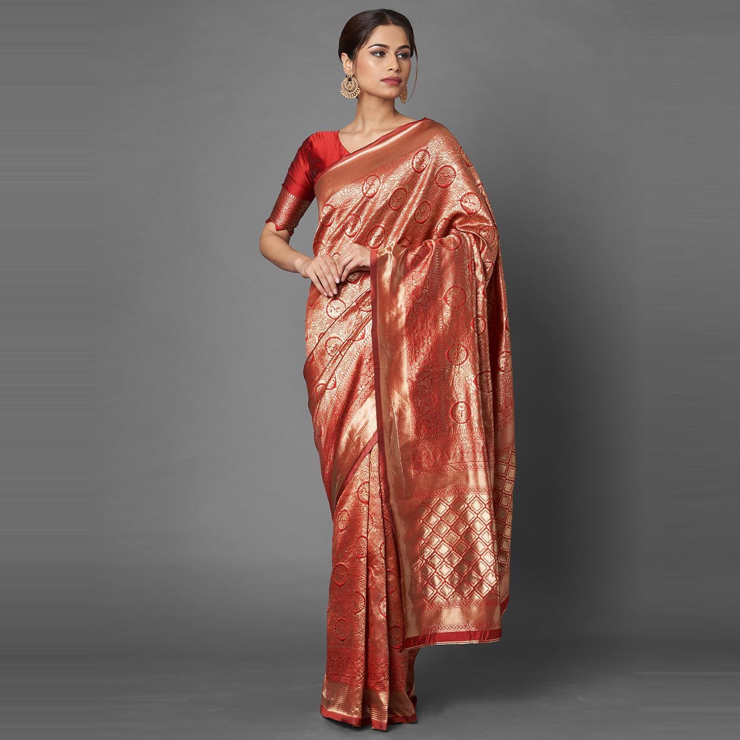 Saree Mall Red & Maroon Festive Wear Silk Blend Banarasi Saree With Unstitched Blouse - Peachmode