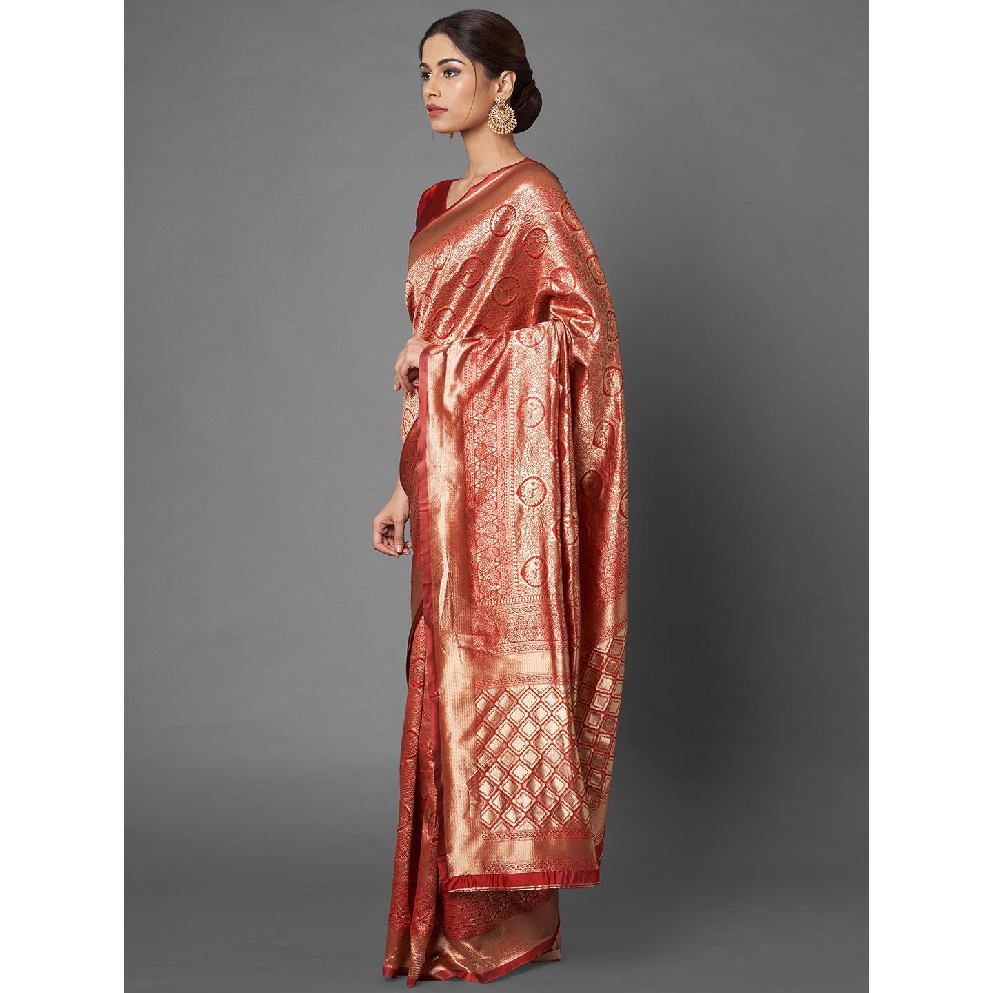 Saree Mall Red & Maroon Festive Wear Silk Blend Banarasi Saree With Unstitched Blouse - Peachmode