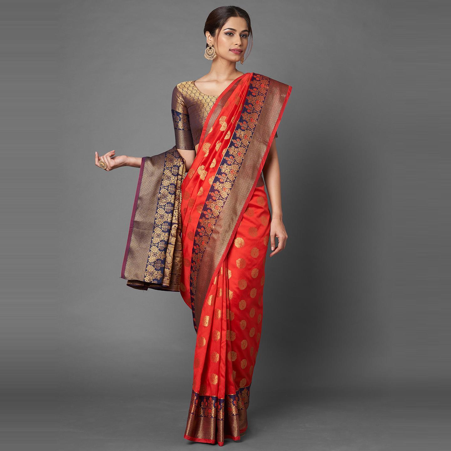 Saree Mall Red & Navy Blue Festive Wear Silk Blend Banarasi Saree With Unstitched Blouse - Peachmode