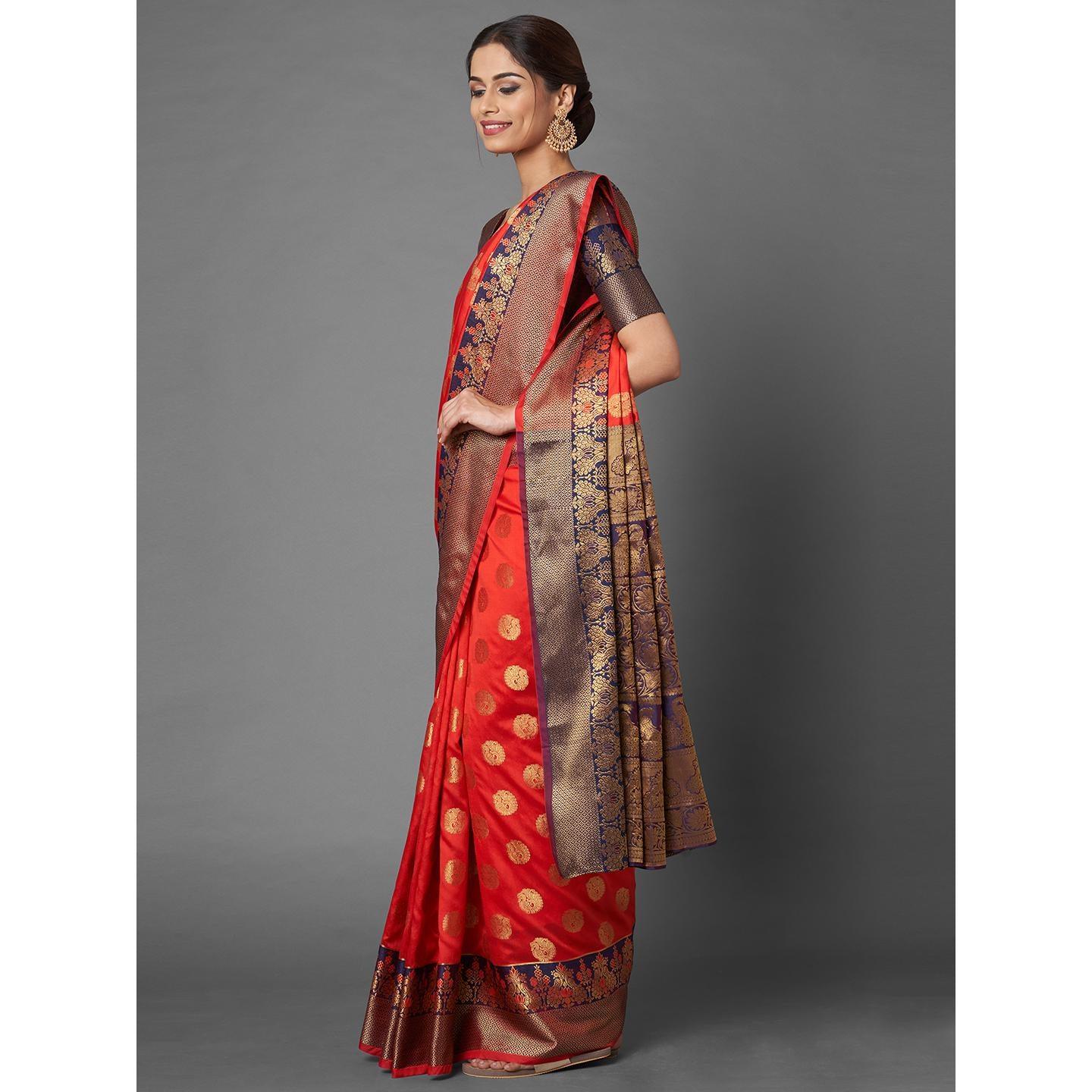 Saree Mall Red & Navy Blue Festive Wear Silk Blend Banarasi Saree With Unstitched Blouse - Peachmode