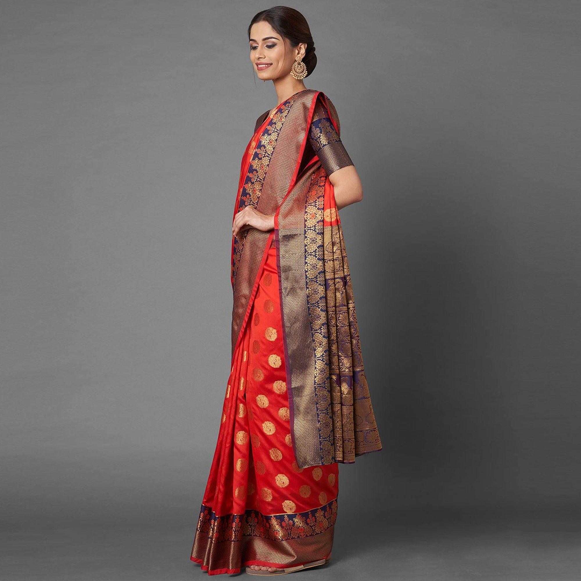 Saree Mall Red & Navy Blue Festive Wear Silk Blend Banarasi Saree With Unstitched Blouse - Peachmode