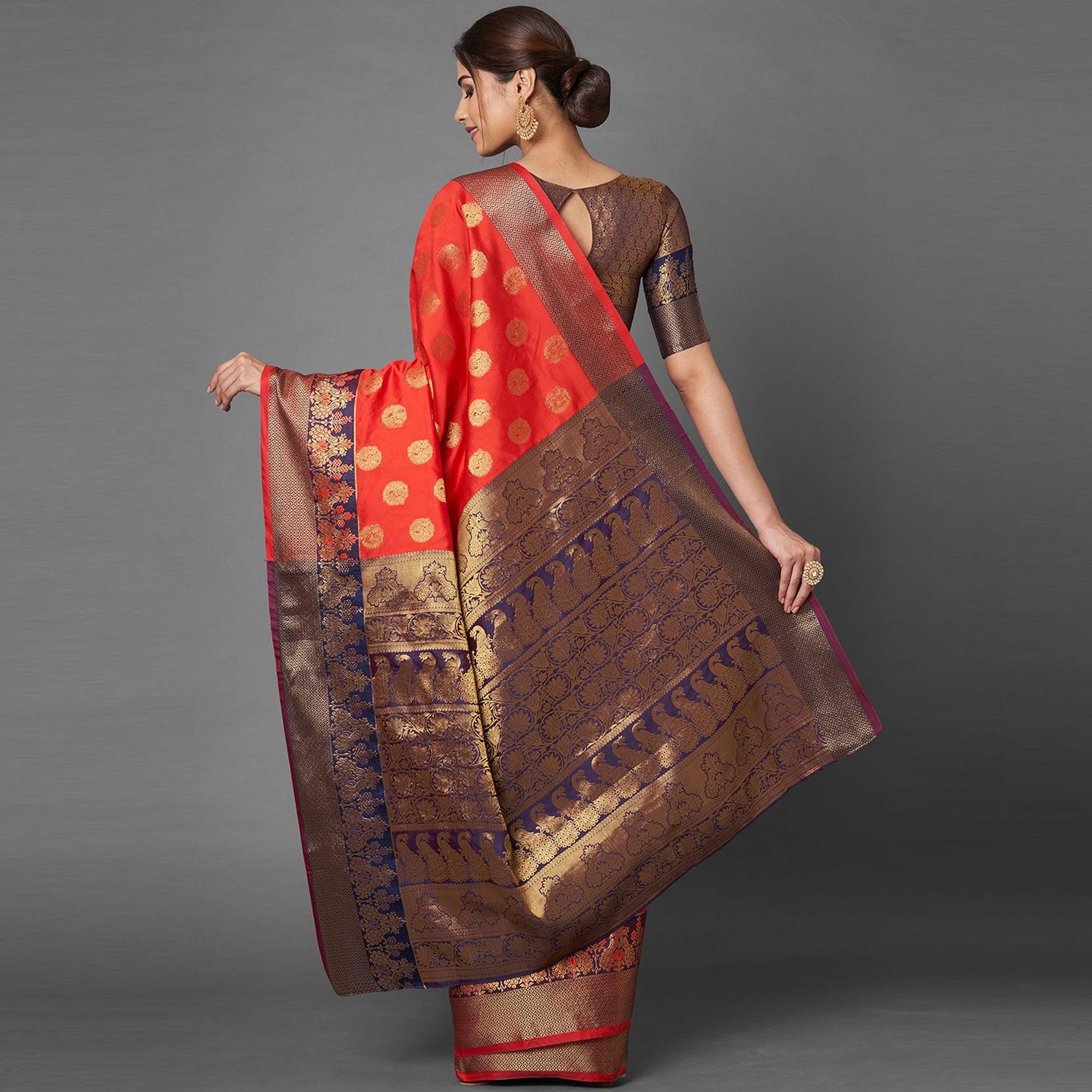 Saree Mall Red & Navy Blue Festive Wear Silk Blend Banarasi Saree With Unstitched Blouse - Peachmode