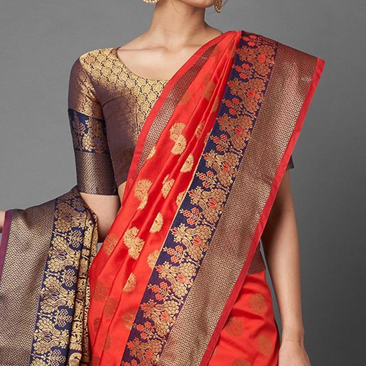 Saree Mall Red & Navy Blue Festive Wear Silk Blend Banarasi Saree With Unstitched Blouse - Peachmode