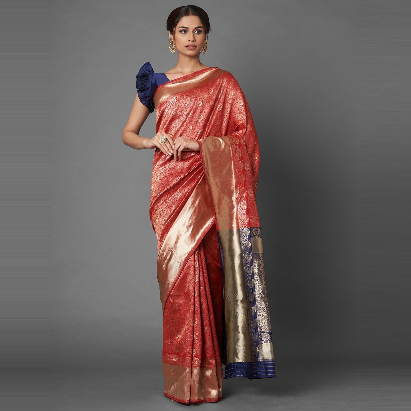Saree Mall Red & Navy Blue Festive Wear Silk Floral Designer Blend Banarasi Saree With Unstitched Blouse - Peachmode