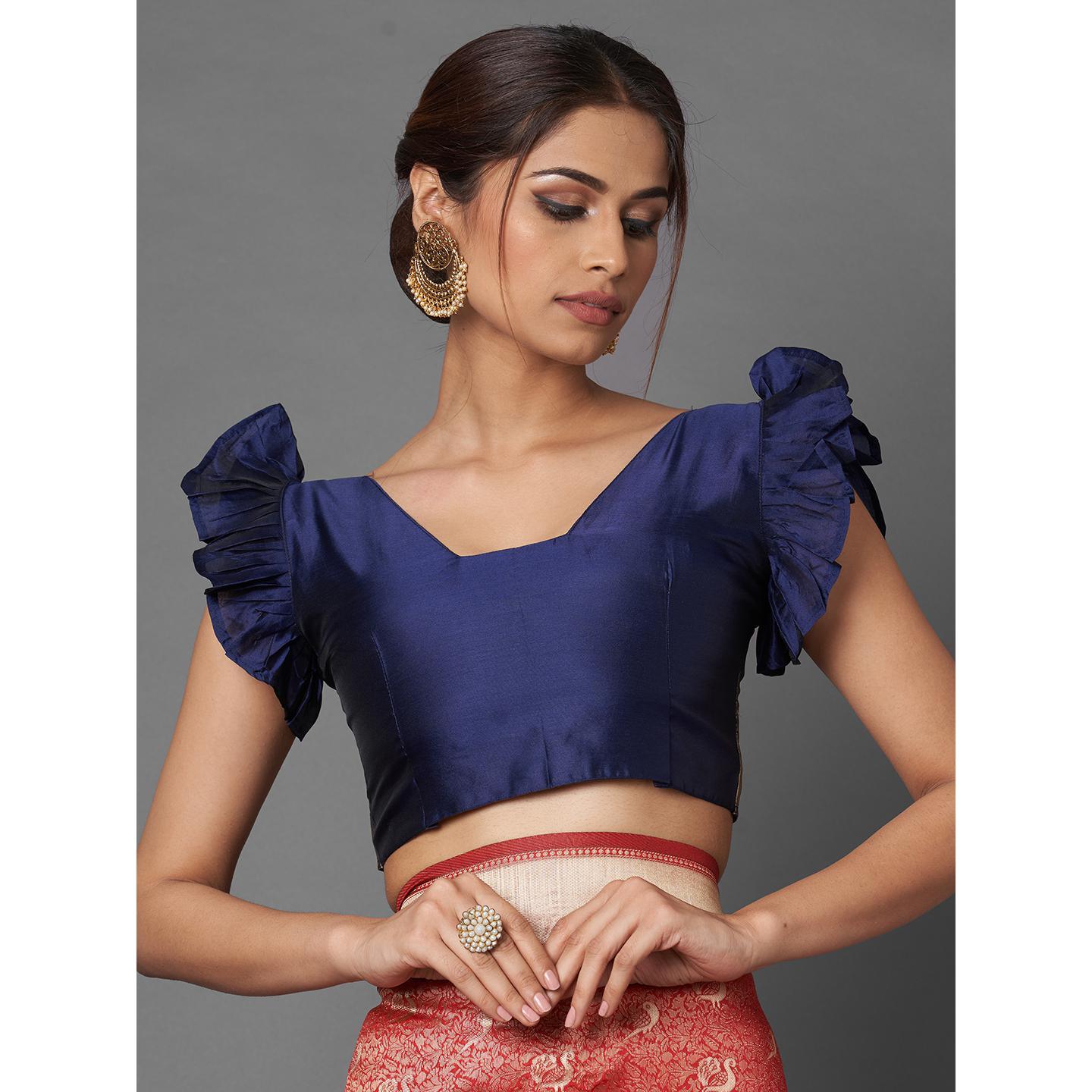 Saree Mall Red & Navy Blue Festive Wear Silk Floral Designer Blend Banarasi Saree With Unstitched Blouse - Peachmode