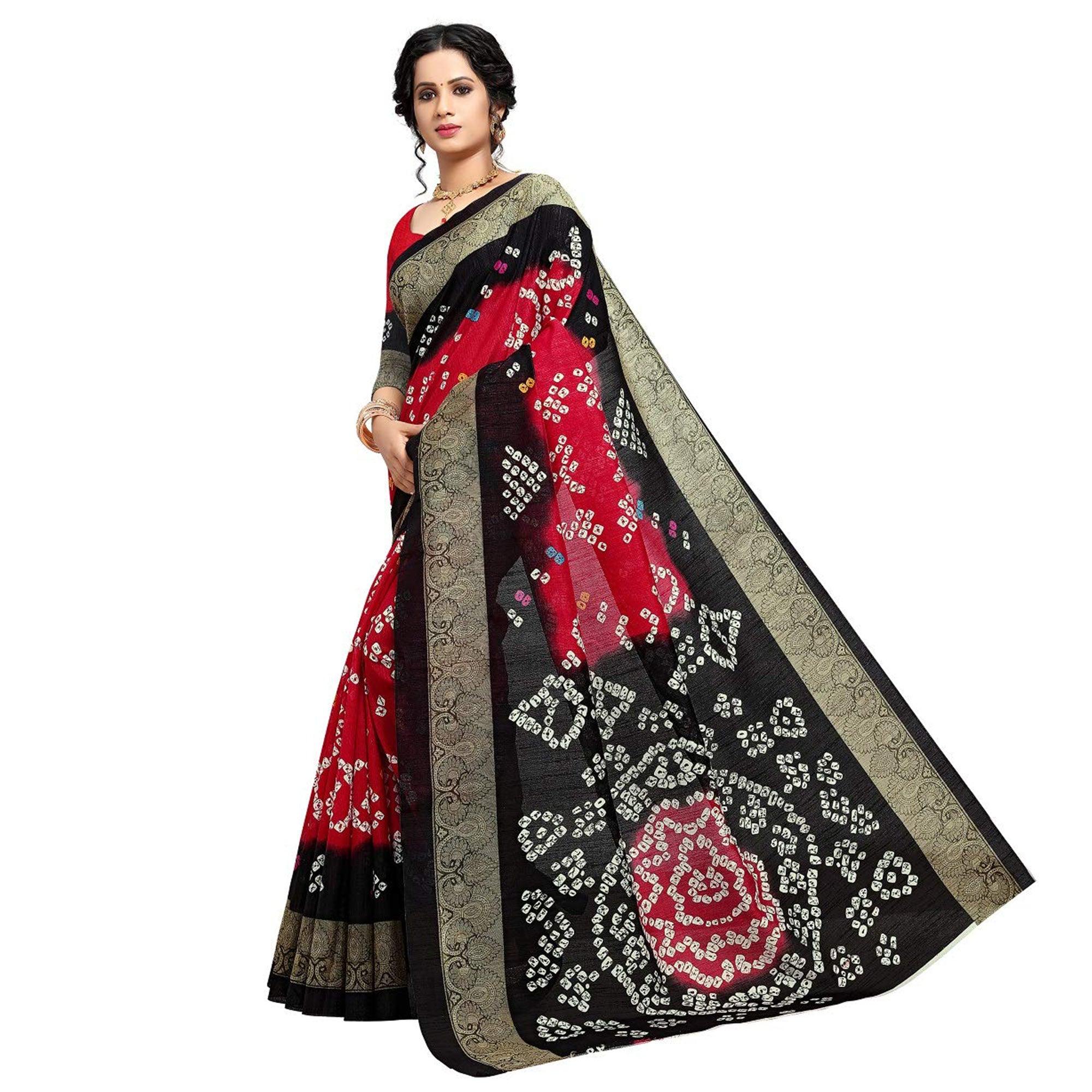 Saree Mall Red Colored Beautiful Bandhani Printed Festive Wear Art Silk Saree - Peachmode