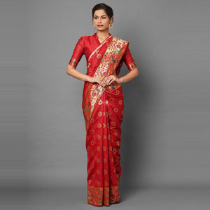 Saree Mall Red Festive Wear Silk Blend Woven Floral Designer Saree With Unstitched Blouse - Peachmode