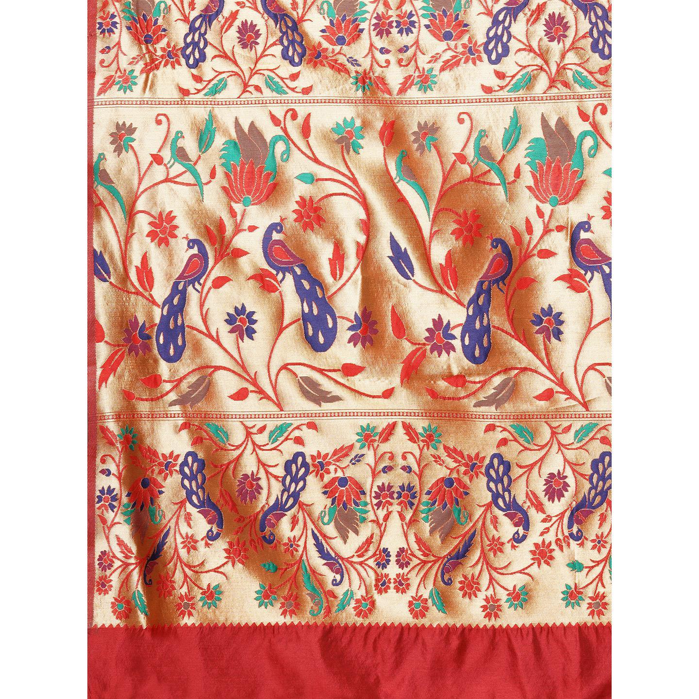 Saree Mall Red Festive Wear Silk Blend Woven Floral Designer Saree With Unstitched Blouse - Peachmode