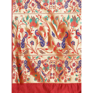 Saree Mall Red Festive Wear Silk Blend Woven Floral Designer Saree With Unstitched Blouse - Peachmode