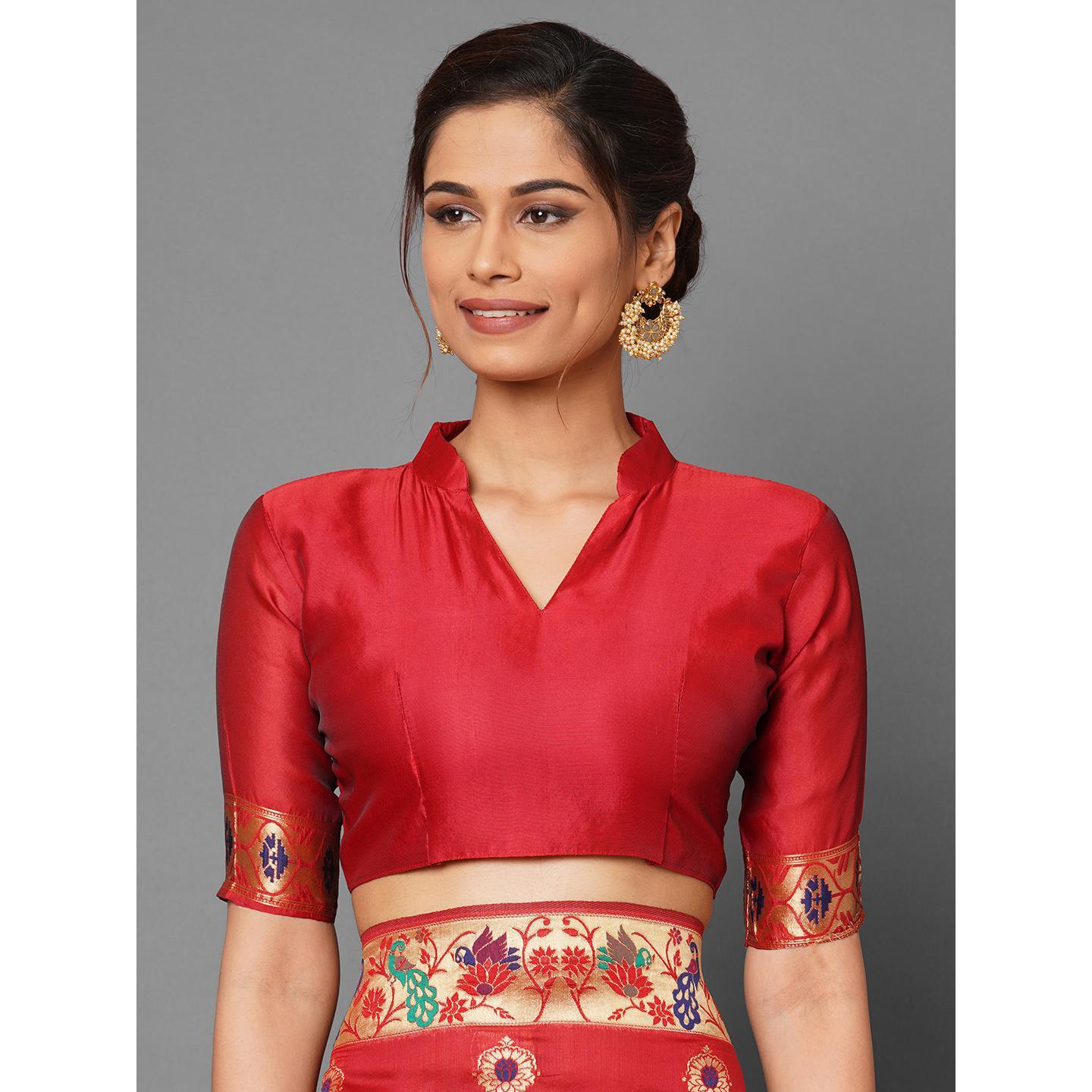 Saree Mall Red Festive Wear Silk Blend Woven Floral Designer Saree With Unstitched Blouse - Peachmode