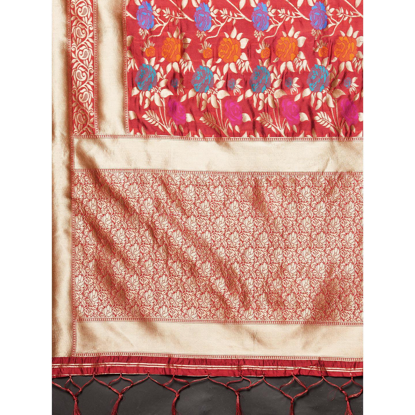 Saree Mall Red Festive Wear Silk Blend Woven Floral Designer Saree With Unstitched Blouse - Peachmode