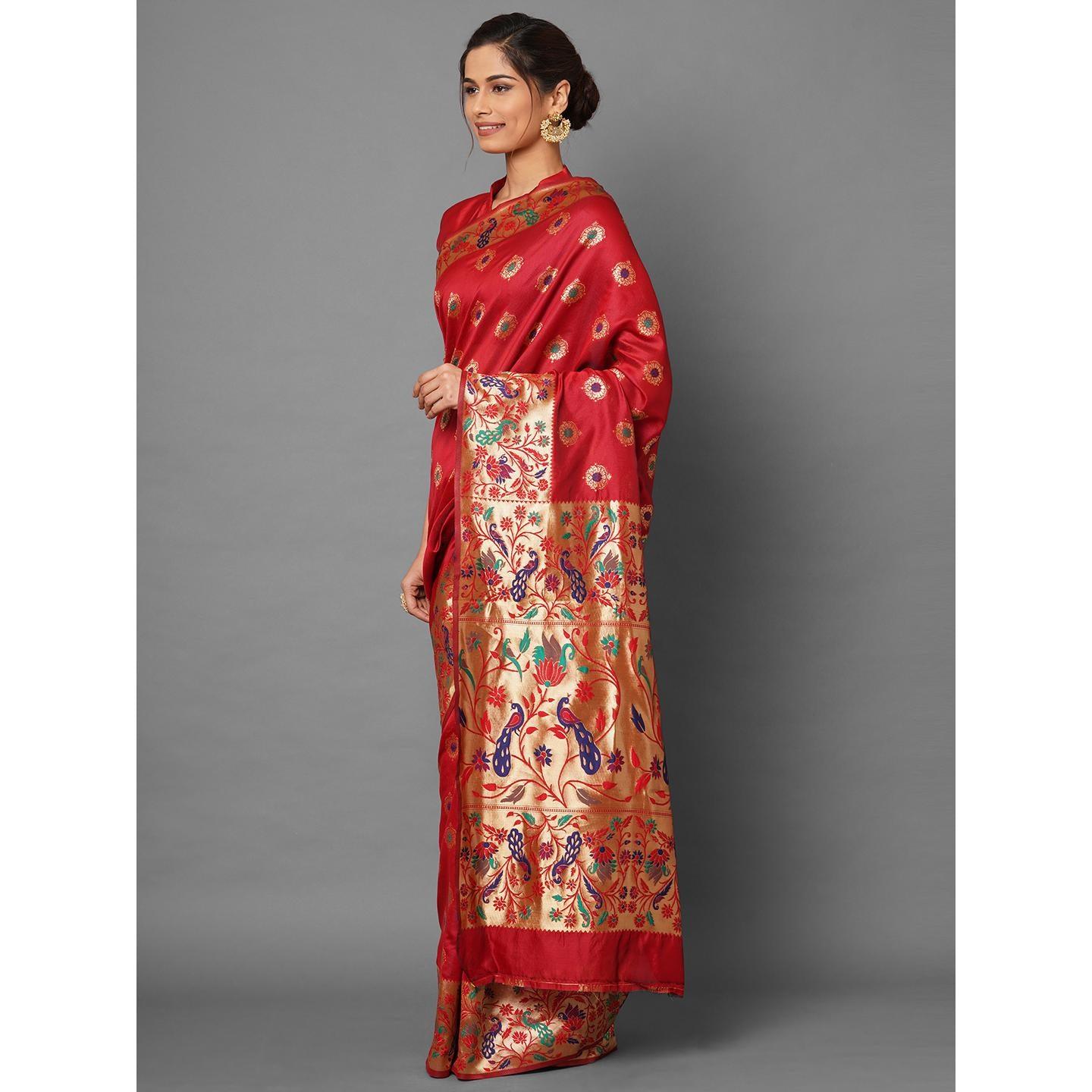 Saree Mall Red Festive Wear Silk Blend Woven Floral Designer Saree With Unstitched Blouse - Peachmode