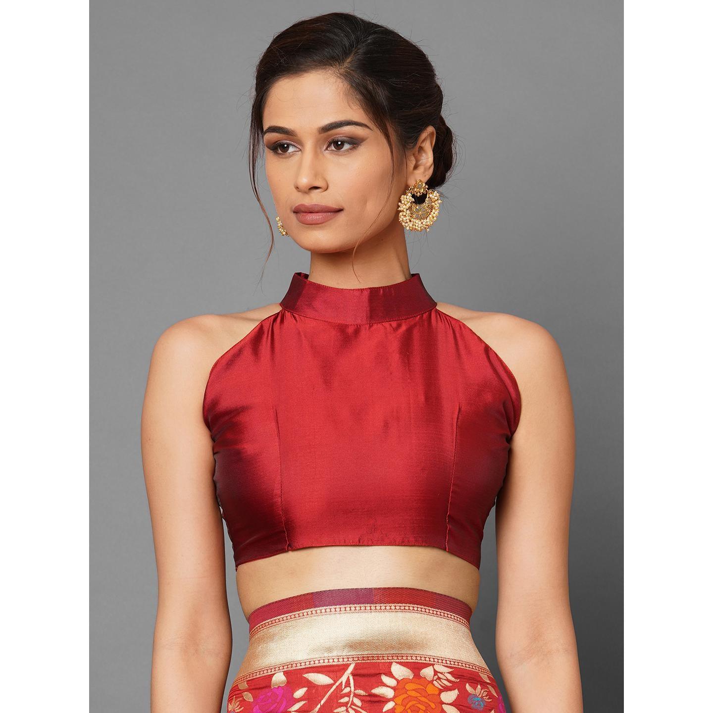 Saree Mall Red Festive Wear Silk Blend Woven Floral Designer Saree With Unstitched Blouse - Peachmode