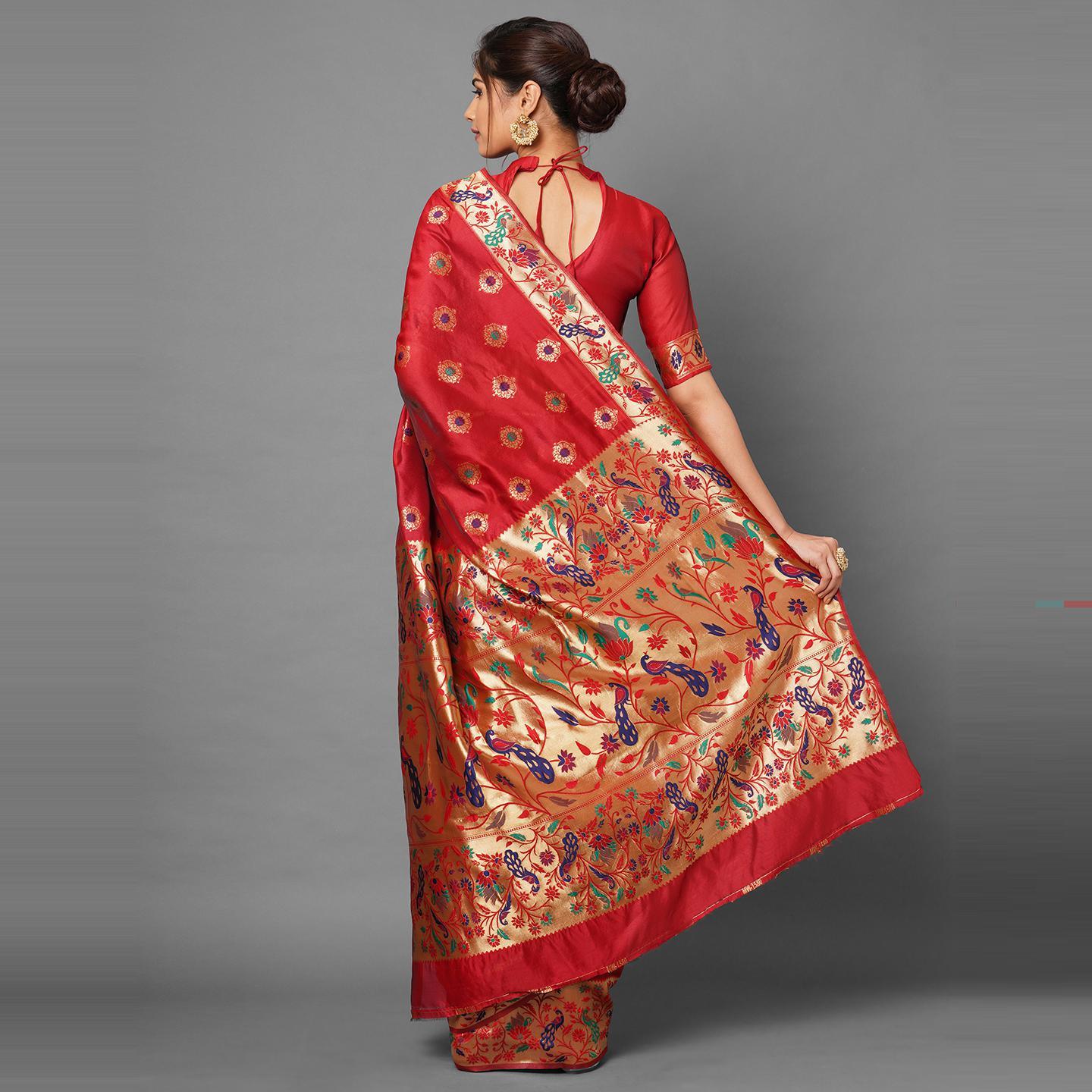 Saree Mall Red Festive Wear Silk Blend Woven Floral Designer Saree With Unstitched Blouse - Peachmode