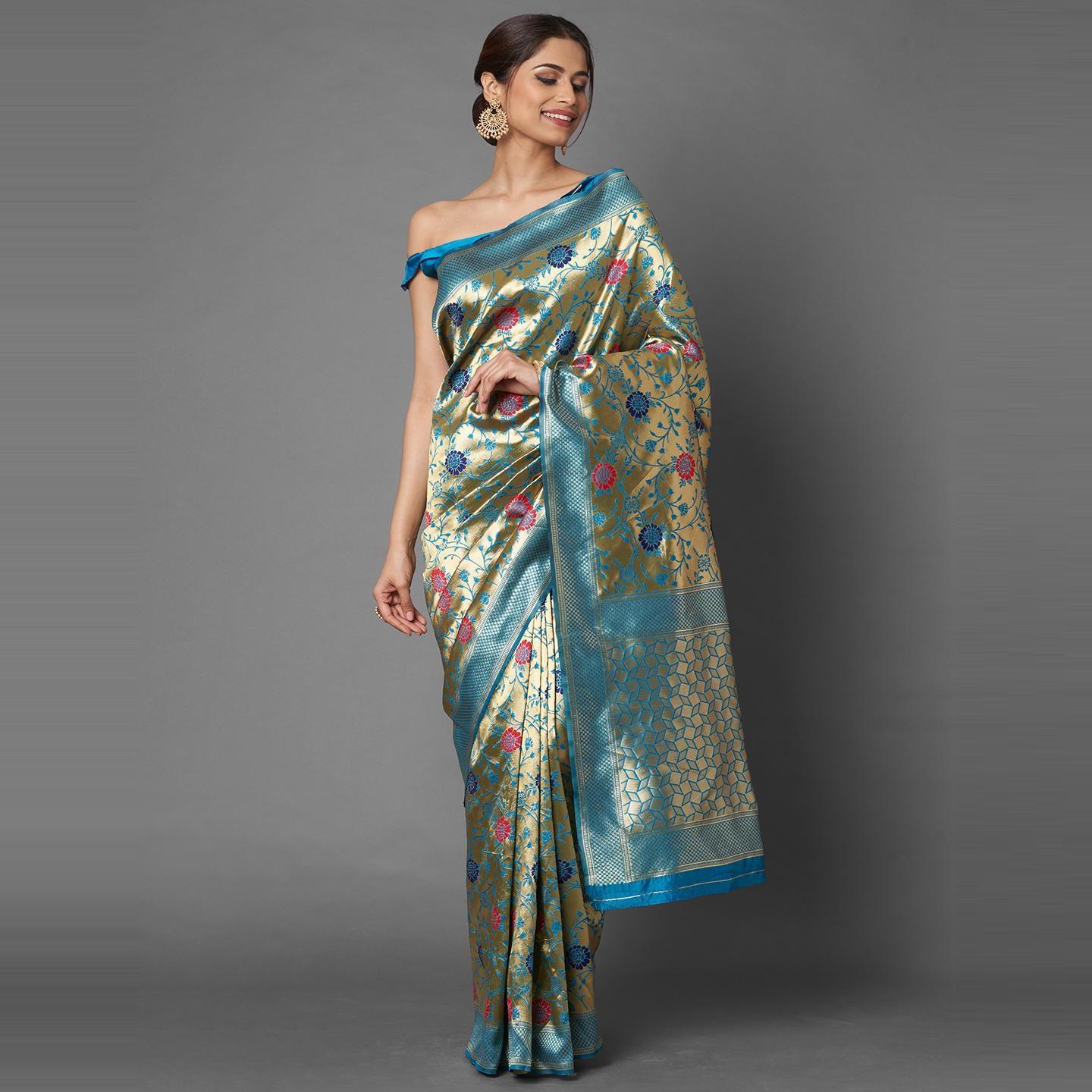 Saree Mall Sky Blue & Golden Party Wear Silk Floral Designer Blend Banarasi Saree With Unstitched Blouse - Peachmode