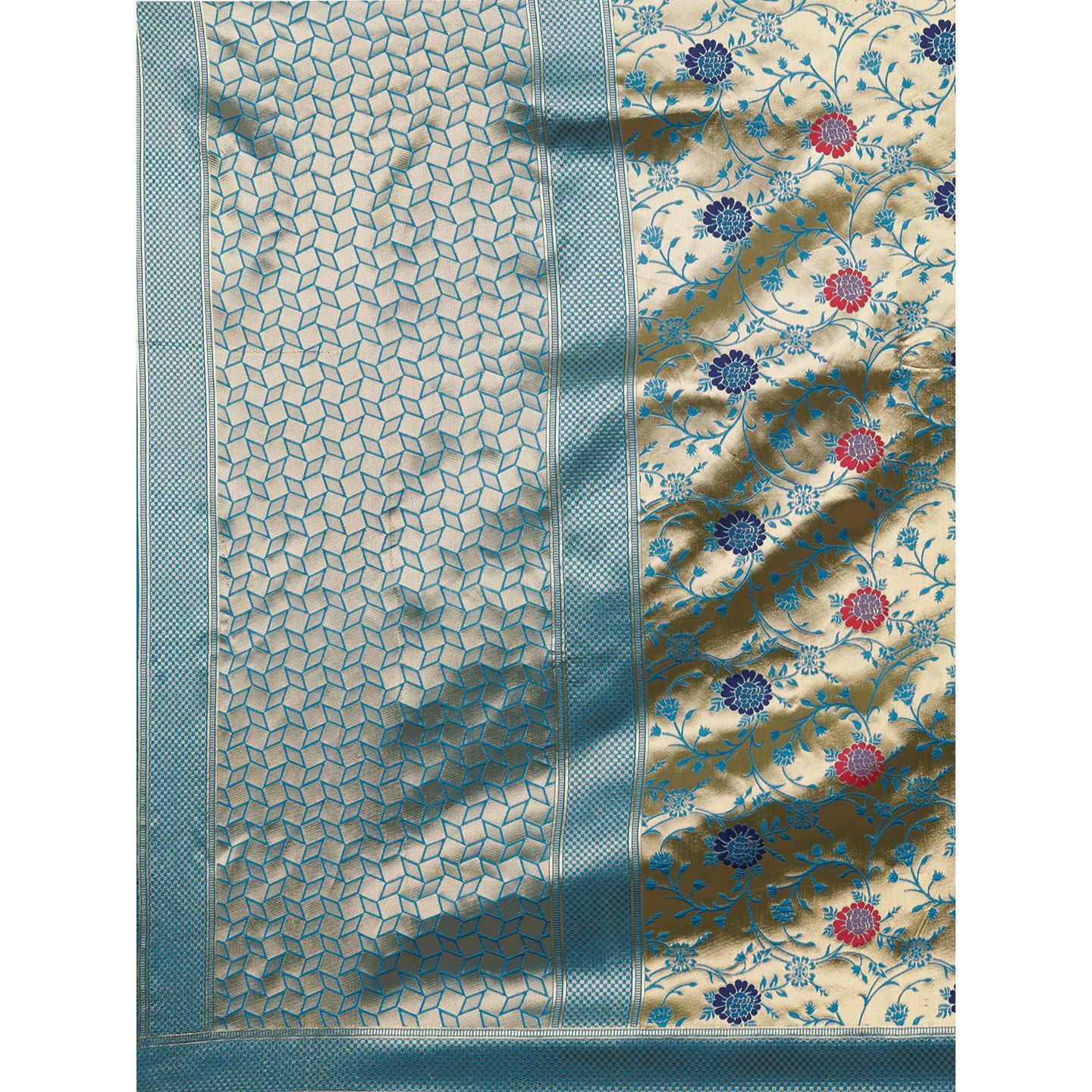 Saree Mall Sky Blue & Golden Party Wear Silk Floral Designer Blend Banarasi Saree With Unstitched Blouse - Peachmode