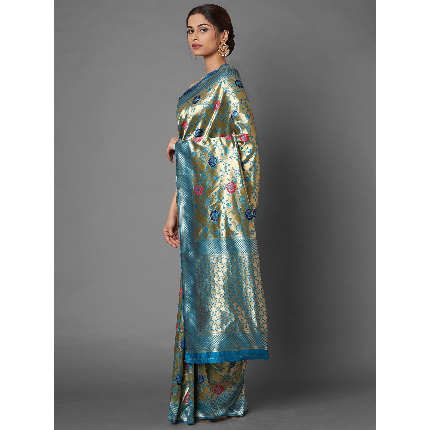 Saree Mall Sky Blue & Golden Party Wear Silk Floral Designer Blend Banarasi Saree With Unstitched Blouse - Peachmode