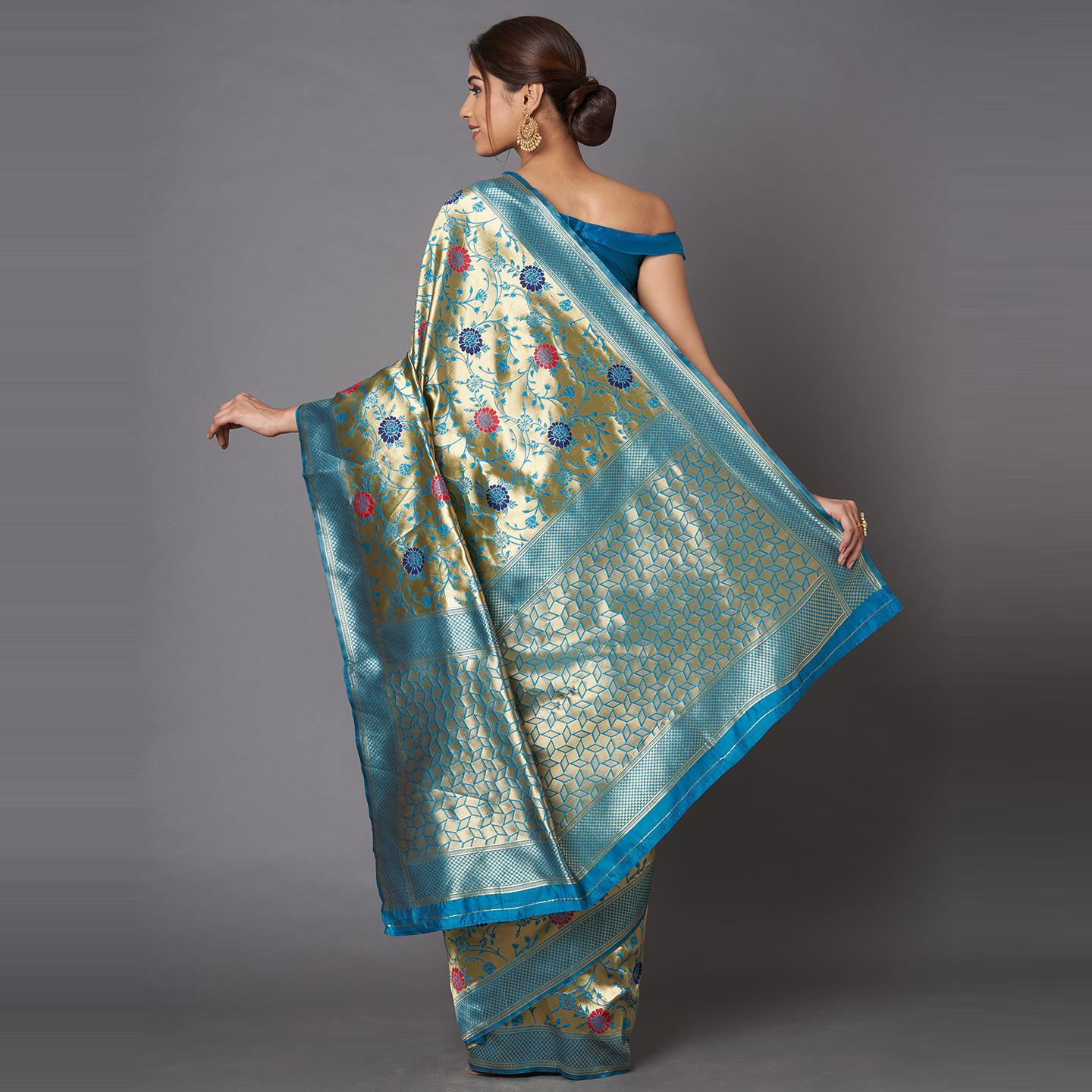 Saree Mall Sky Blue & Golden Party Wear Silk Floral Designer Blend Banarasi Saree With Unstitched Blouse - Peachmode