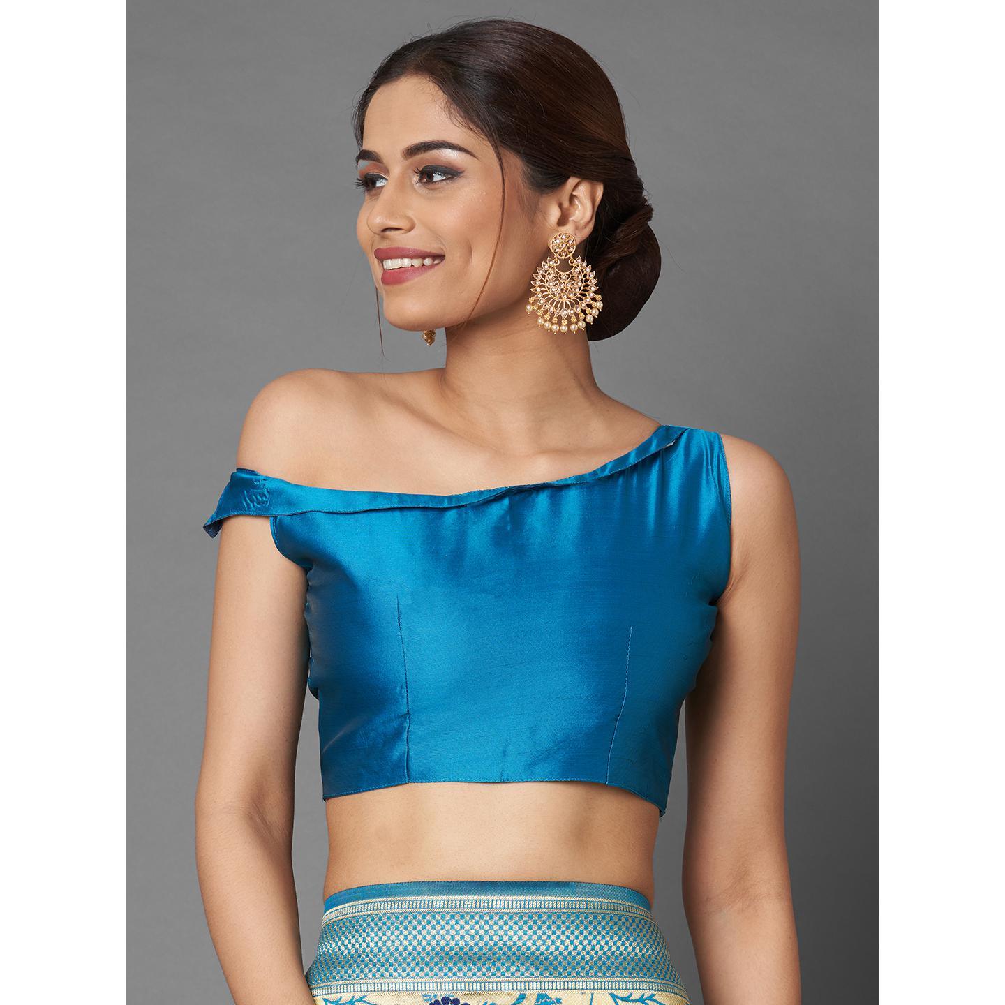 Saree Mall Sky Blue & Golden Party Wear Silk Floral Designer Blend Banarasi Saree With Unstitched Blouse - Peachmode