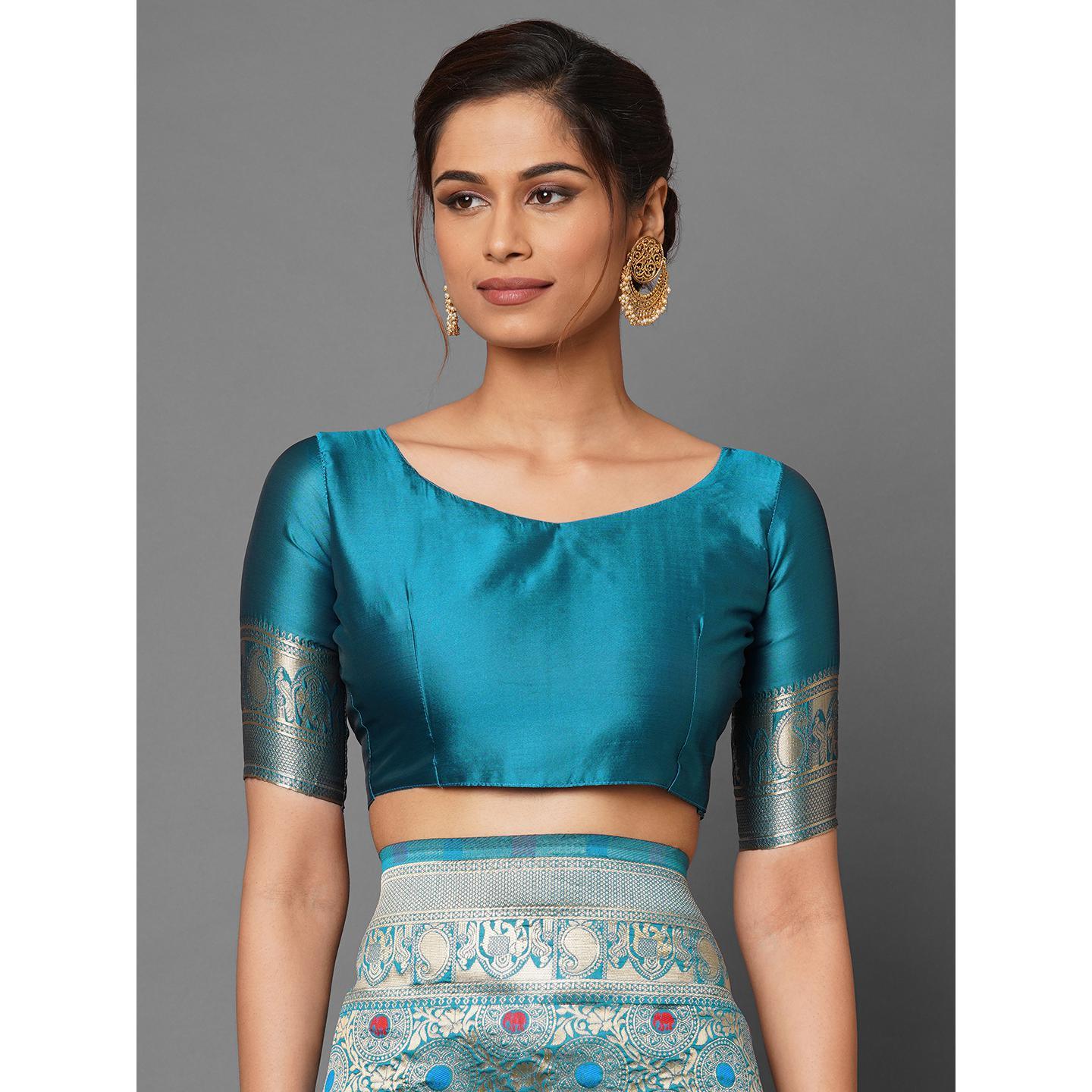 Women Teal Muga Silk Saree With UnStiched Blouse