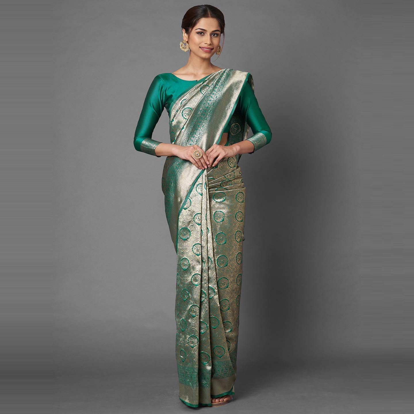 Saree Mall Teal Green Festive Wear Silk Blend Banarasi Saree With Unstitched Blouse - Peachmode