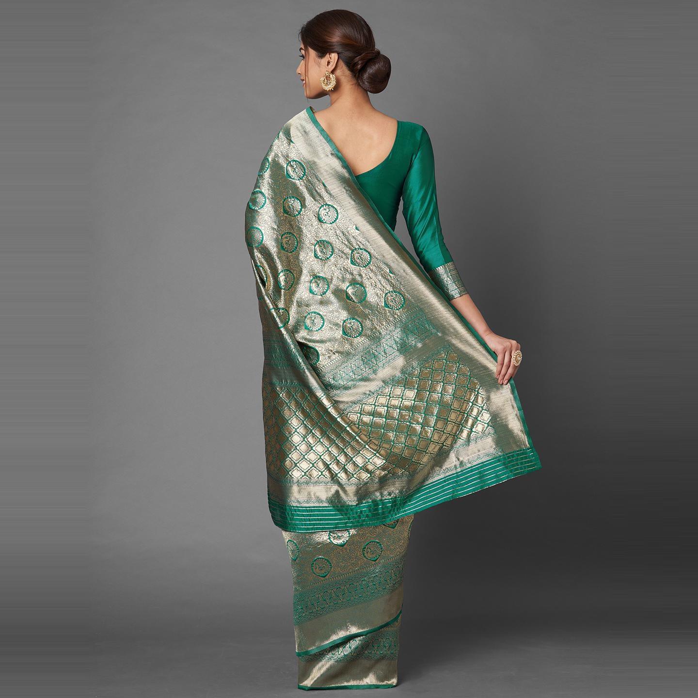 Saree Mall Teal Green Festive Wear Silk Blend Banarasi Saree With Unstitched Blouse - Peachmode
