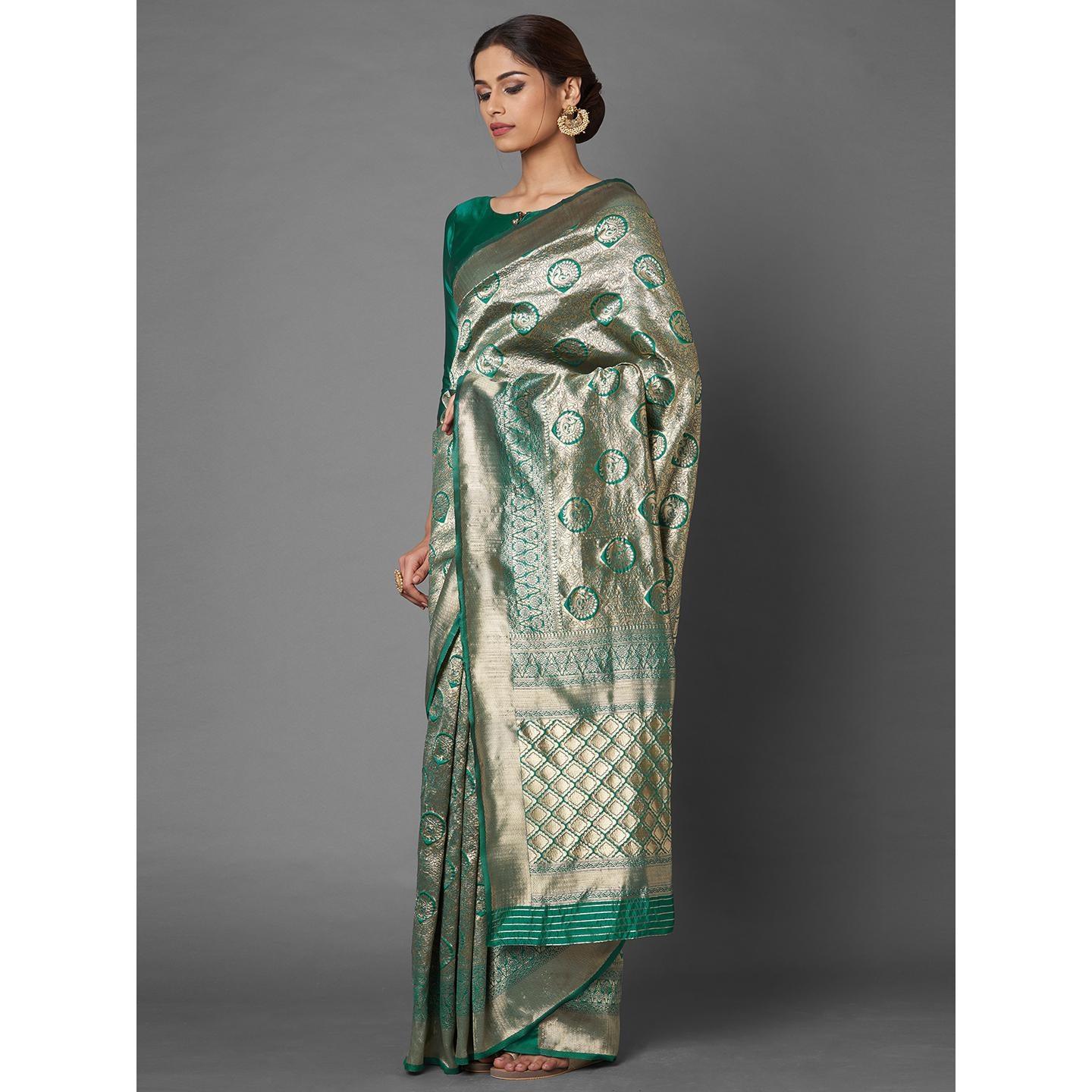 Saree Mall Teal Green Festive Wear Silk Blend Banarasi Saree With Unstitched Blouse - Peachmode
