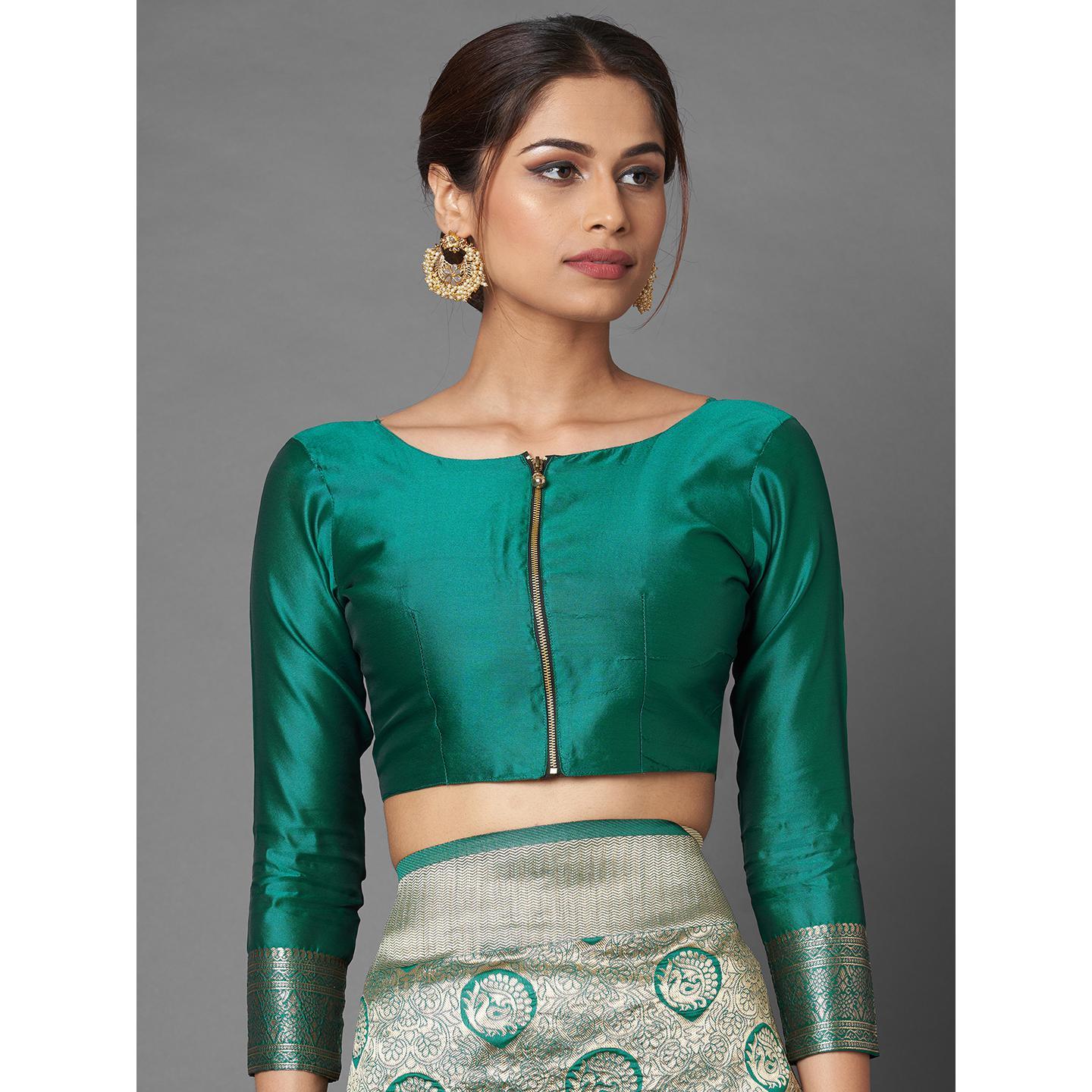 Saree Mall Teal Green Festive Wear Silk Blend Banarasi Saree With Unstitched Blouse - Peachmode