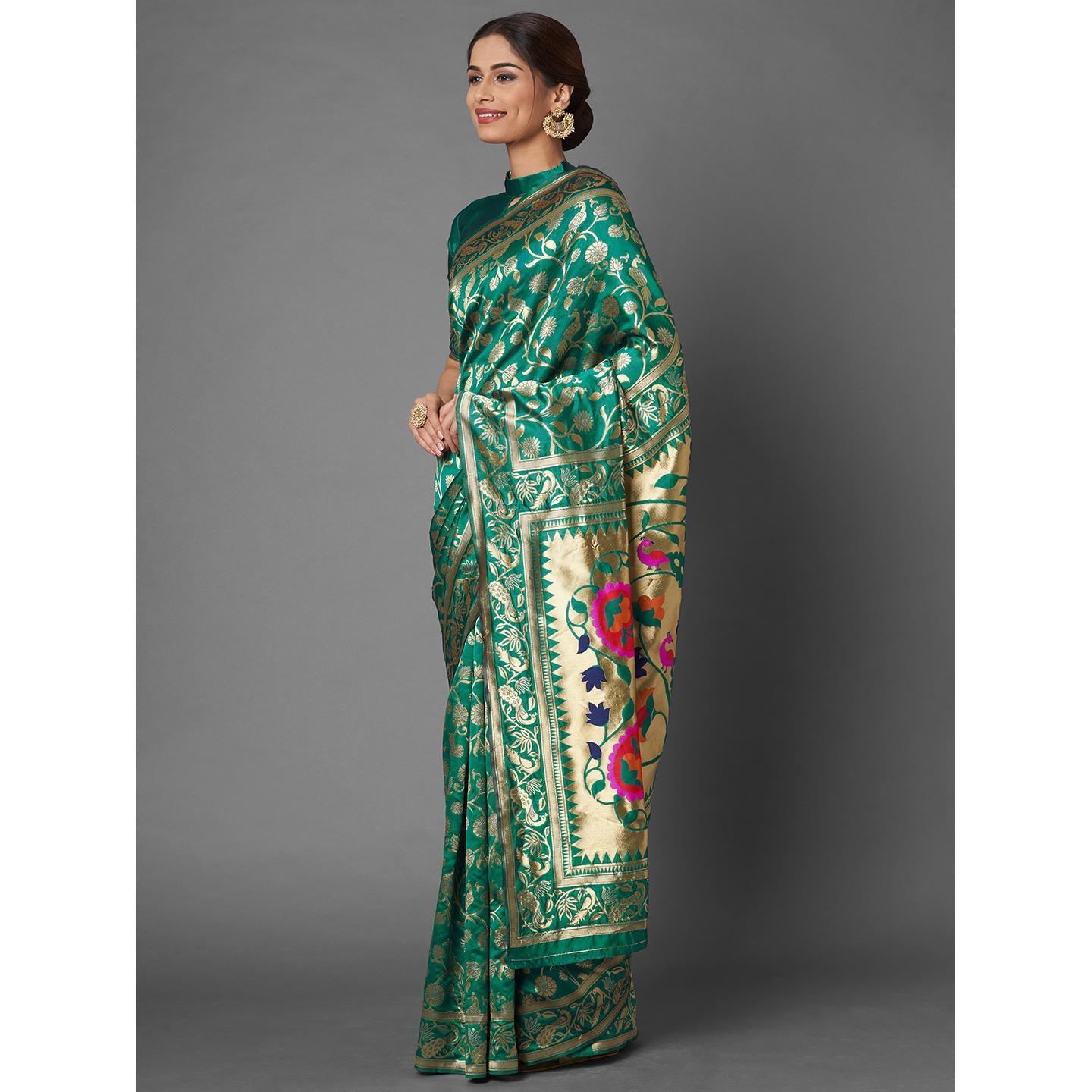 Saree Mall Teal Green Party Wear Silk Blend Floral Designer Banarasi Saree With Unstitched Blouse - Peachmode