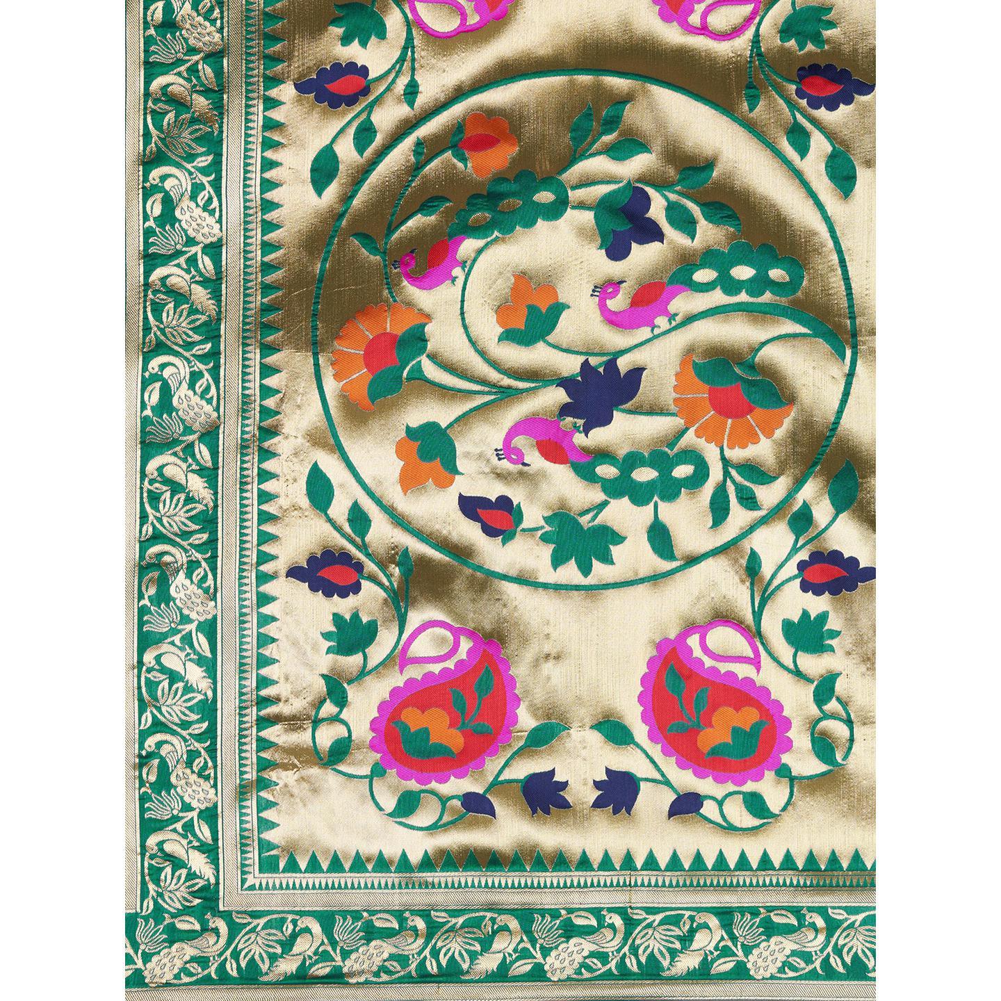 Saree Mall Teal Green Party Wear Silk Blend Floral Designer Banarasi Saree With Unstitched Blouse - Peachmode
