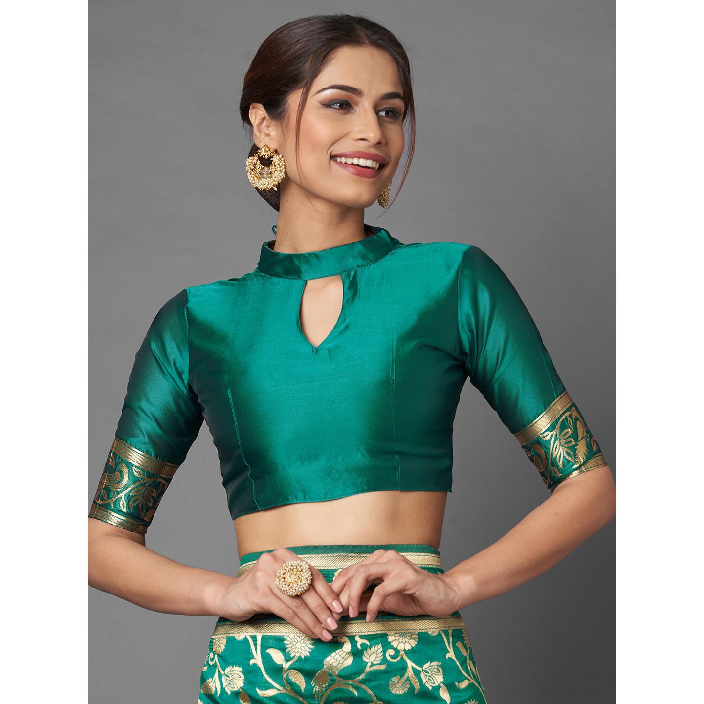 Saree Mall Teal Green Party Wear Silk Blend Floral Designer Banarasi Saree With Unstitched Blouse - Peachmode