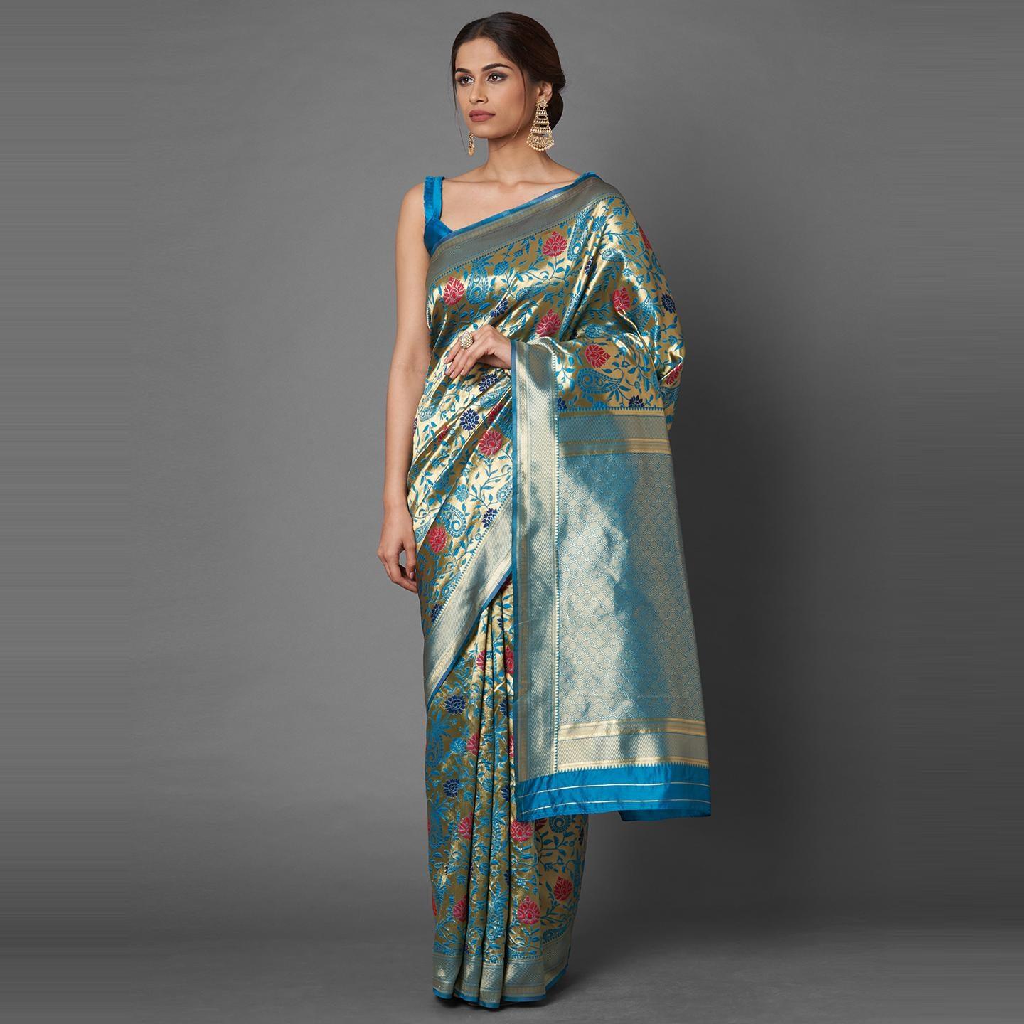 Saree Mall Teal Green Wedding Wear Silk Blend Woven Paisley Designer Saree With Unstitched Blouse - Peachmode