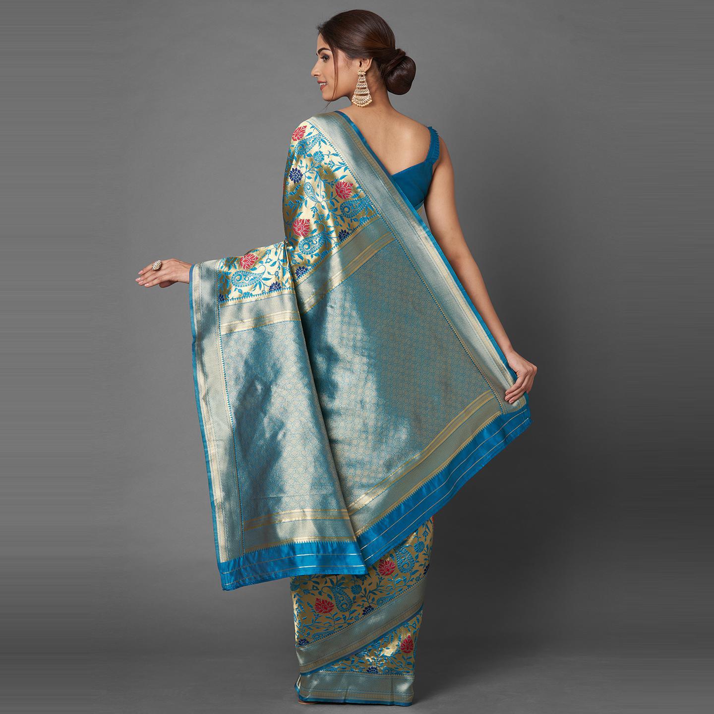 Saree Mall Teal Green Wedding Wear Silk Blend Woven Paisley Designer Saree With Unstitched Blouse - Peachmode