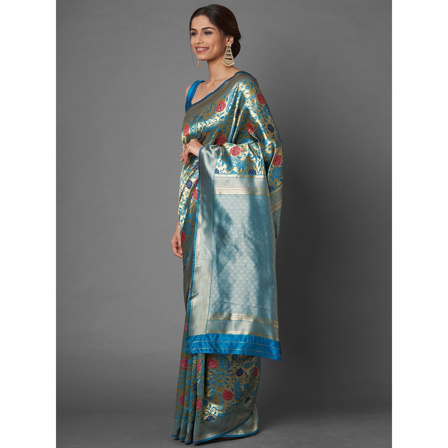 Saree Mall Teal Green Wedding Wear Silk Blend Woven Paisley Designer Saree With Unstitched Blouse - Peachmode