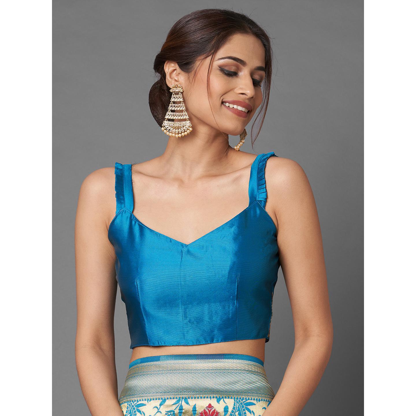 Saree Mall Teal Green Wedding Wear Silk Blend Woven Paisley Designer Saree With Unstitched Blouse - Peachmode