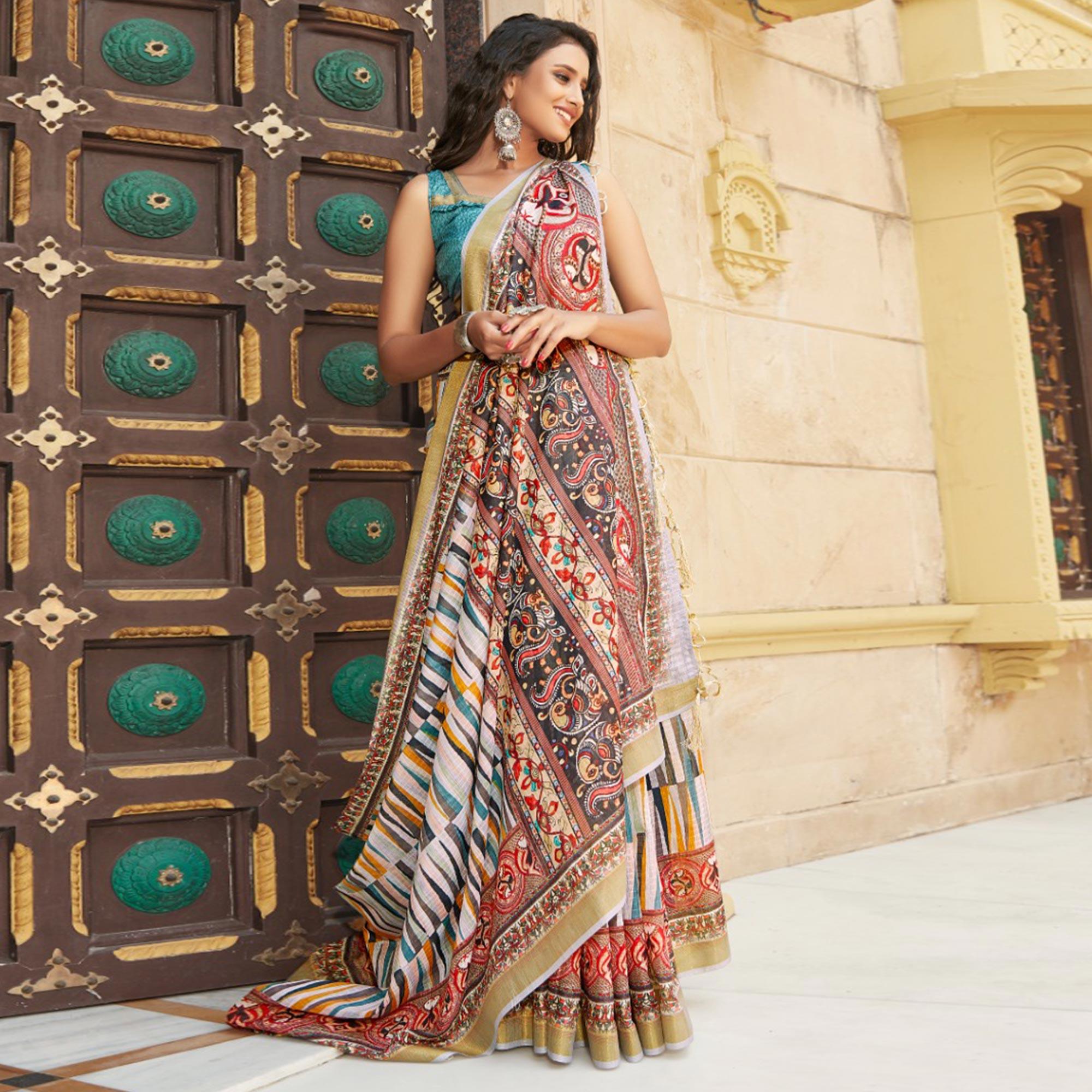 Saree Mall White Casual Wear Digital Printed Stripes Soft Cotton Saree - Peachmode