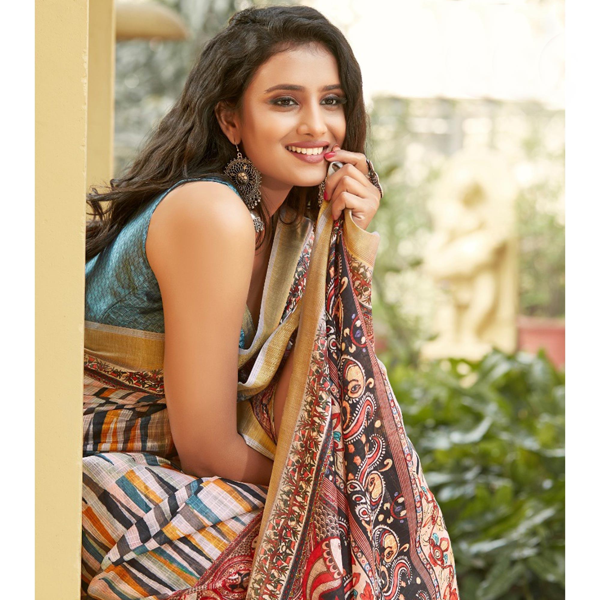 Saree Mall White Casual Wear Digital Printed Stripes Soft Cotton Saree - Peachmode