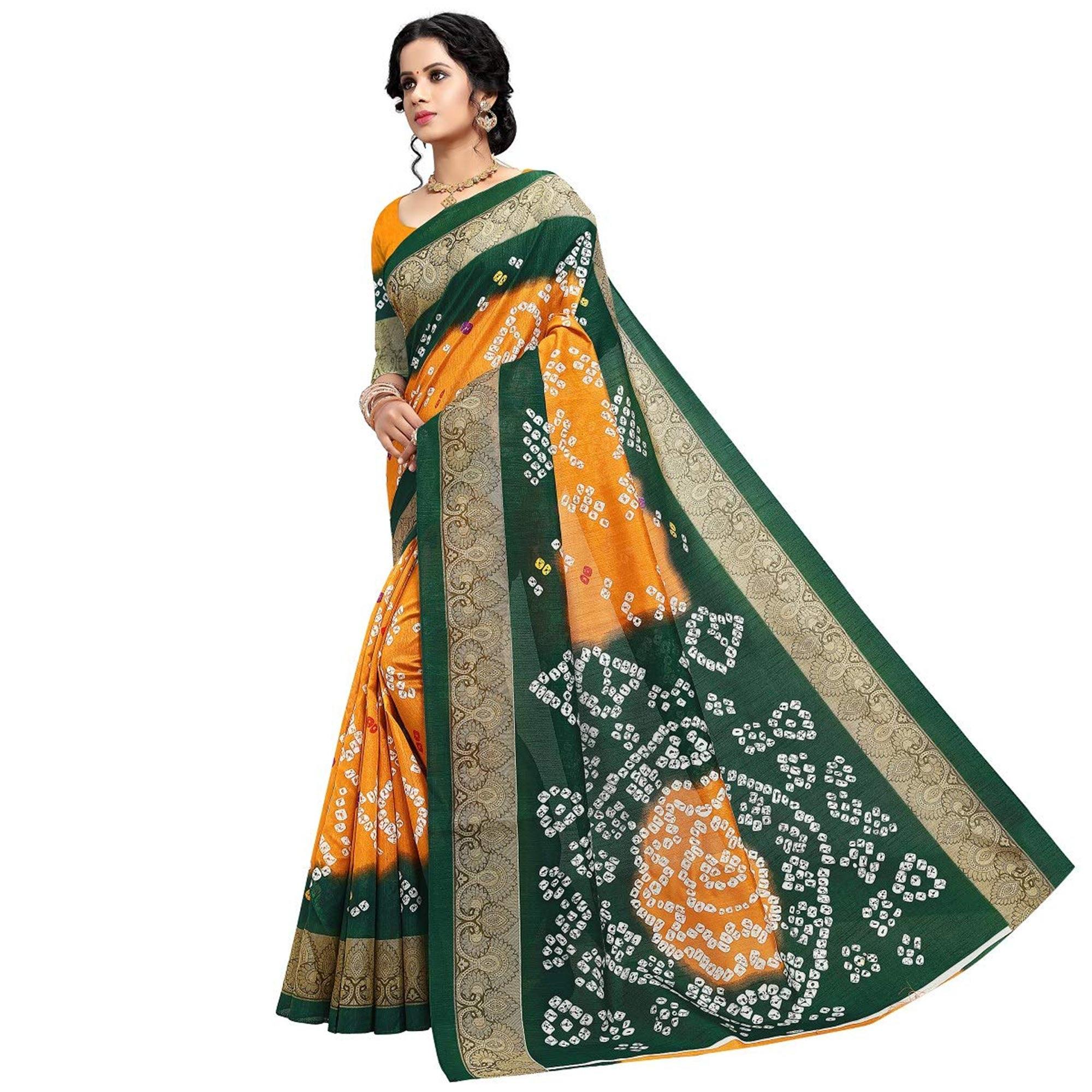 Saree Mall Yellow Colored Beautiful Bandhani Printed Casual Wear Art Silk Saree - Peachmode
