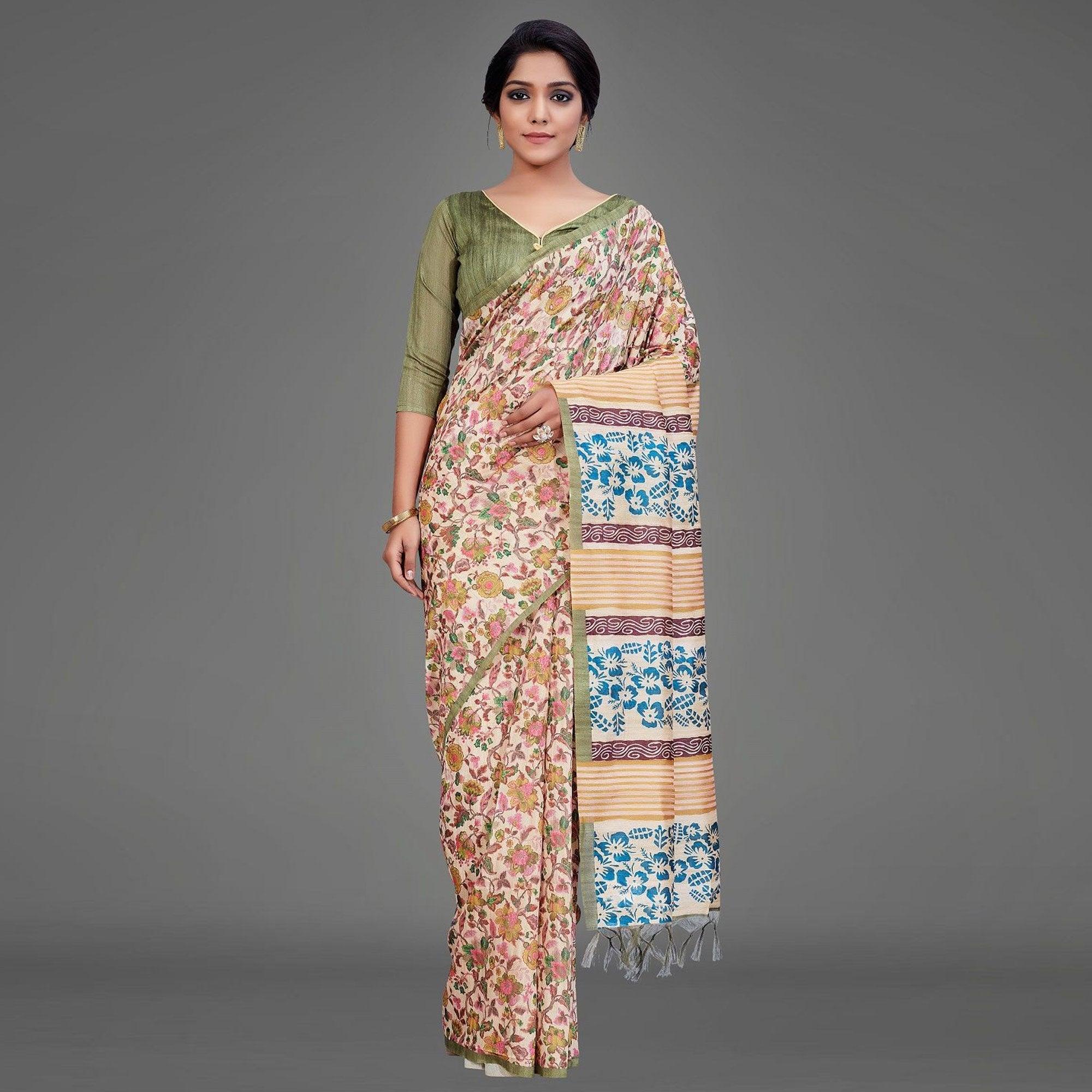 Sareemall Beige Casual Art Silk Printed Saree With Unstitched Blouse - Peachmode